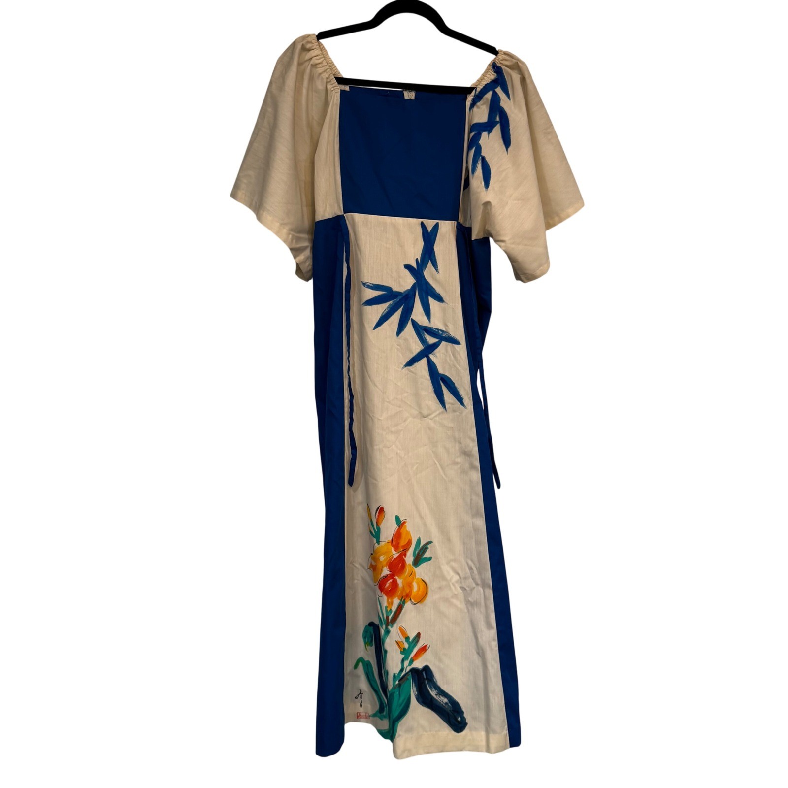 RARE Vintage Haruko Hawaii Hand Painted Floral Bamboo Maxi Dress Blue Cream SM