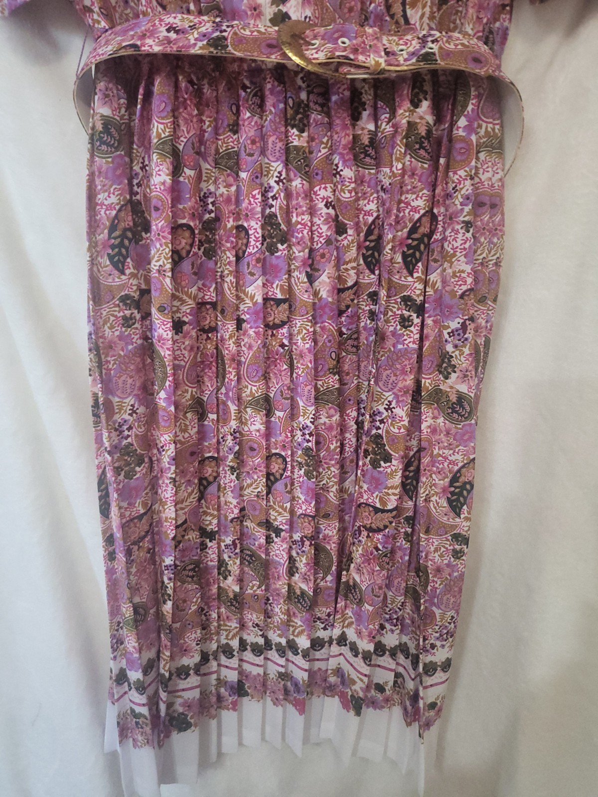 Vintage Loraz Original Pleated Floral Dress Size L (16) Belt + Shoulder Pads