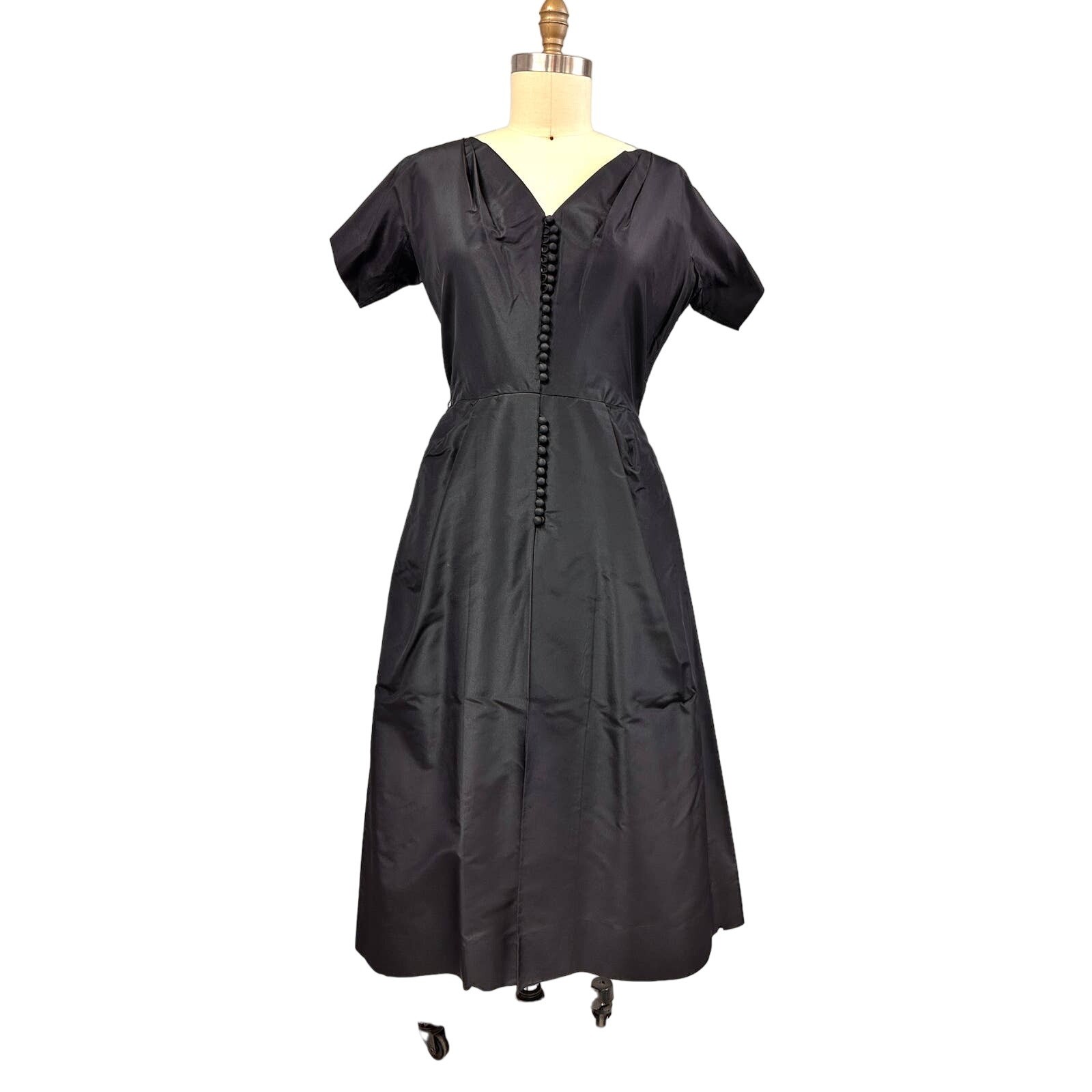 VTG 50s Mary Sachs Black Silk Taffeta Couture LBD Rockabilly Glam M