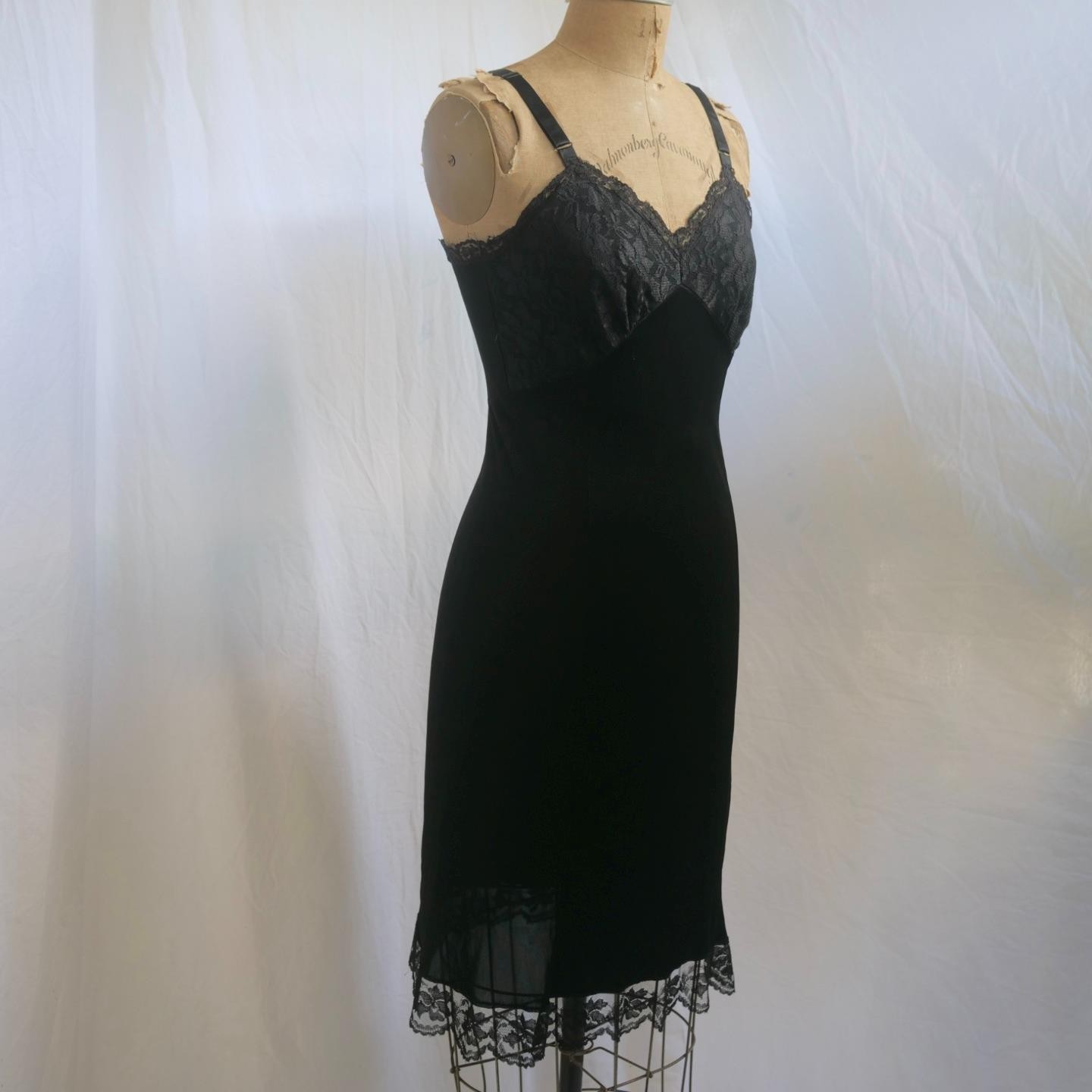 Vintage 60s DIXIE BELLE Black Acetate Tricot Full Slip Dress Floral LACE 34 S/M