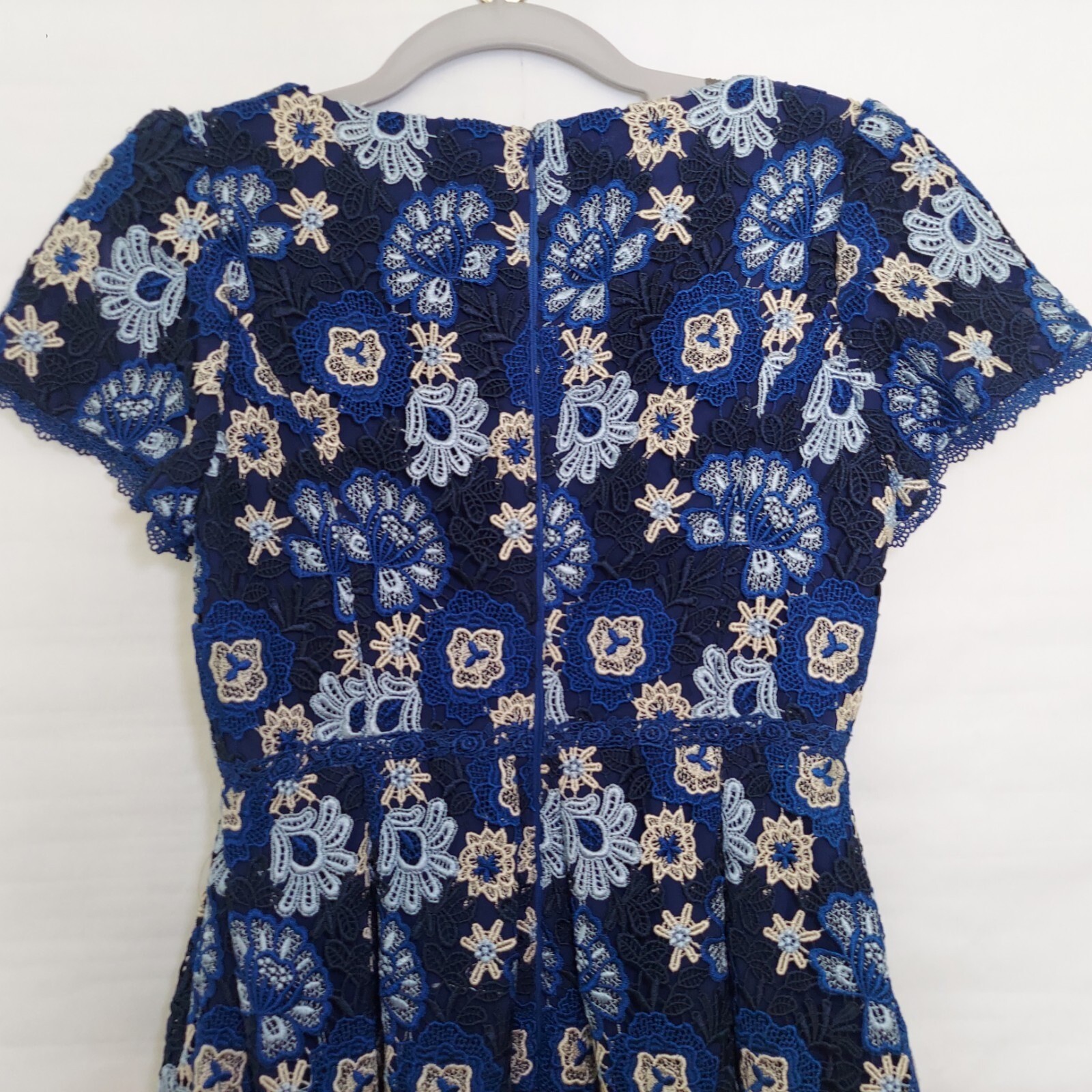 Dolly Girl by Anna Sui Dress 2 Blue Retro Floral Embroidery Guipure Short Sleeve