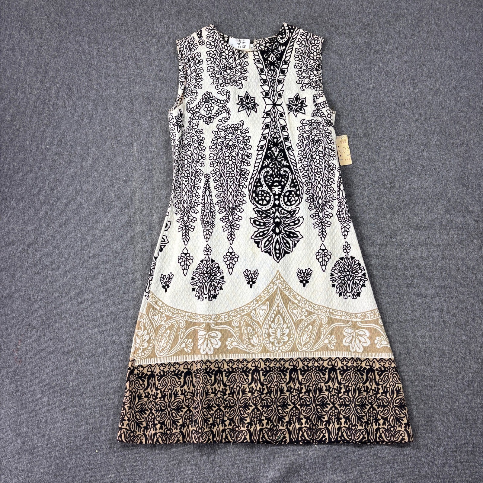Vintage Woodward & Lothrop Paisley Border Print Sleeveless Shift Dress White 12
