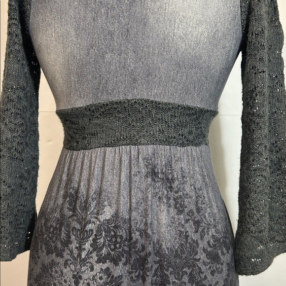 Dark Romantic Gothic Midi Dress Black Gray Knit Floral Damask Boho Vintage Style