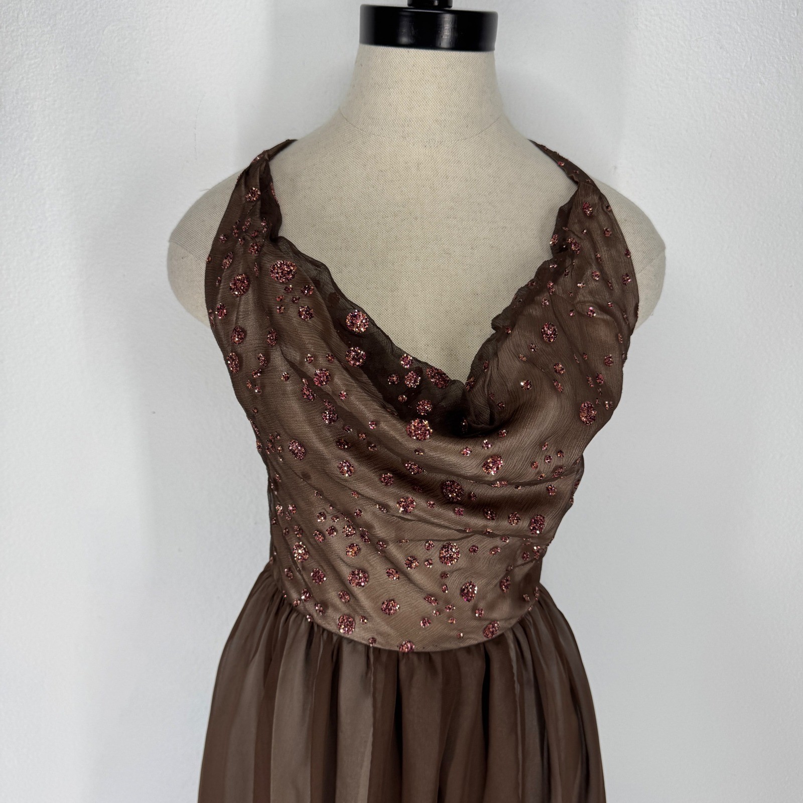Vintage Handmade Brown Chiffon Glitter Polka Dot Evening Gown Dress Asymmetrical