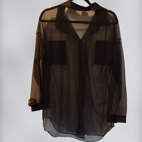 Vtg 2X „Traffic Jam” Sheer Black Button Up Top Blouse Nitewear Collar Shirt USA