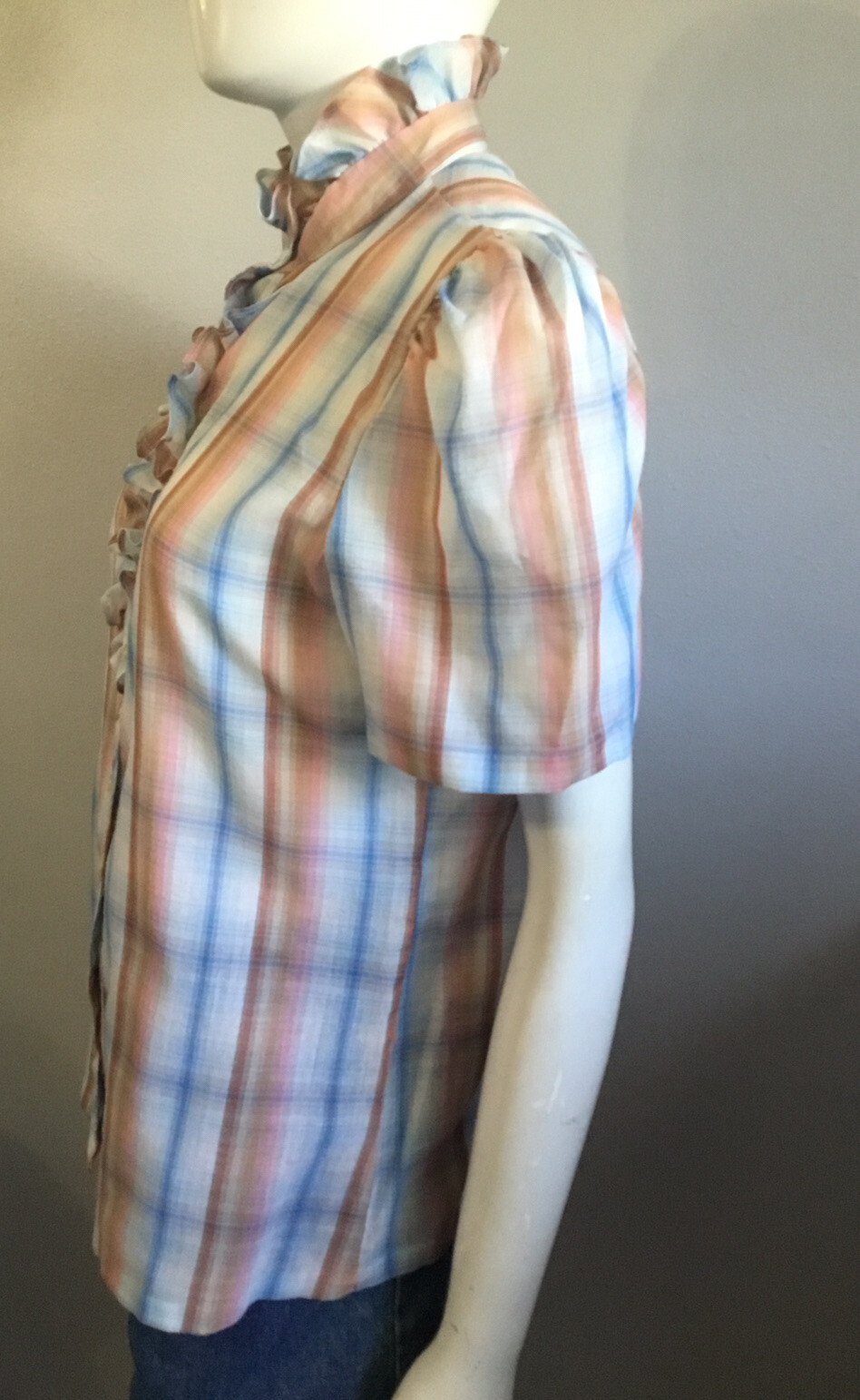 Vintage 70’s 80’s Sheer High Neck Plaid Button Front Shirt Lucky Winner Size 14
