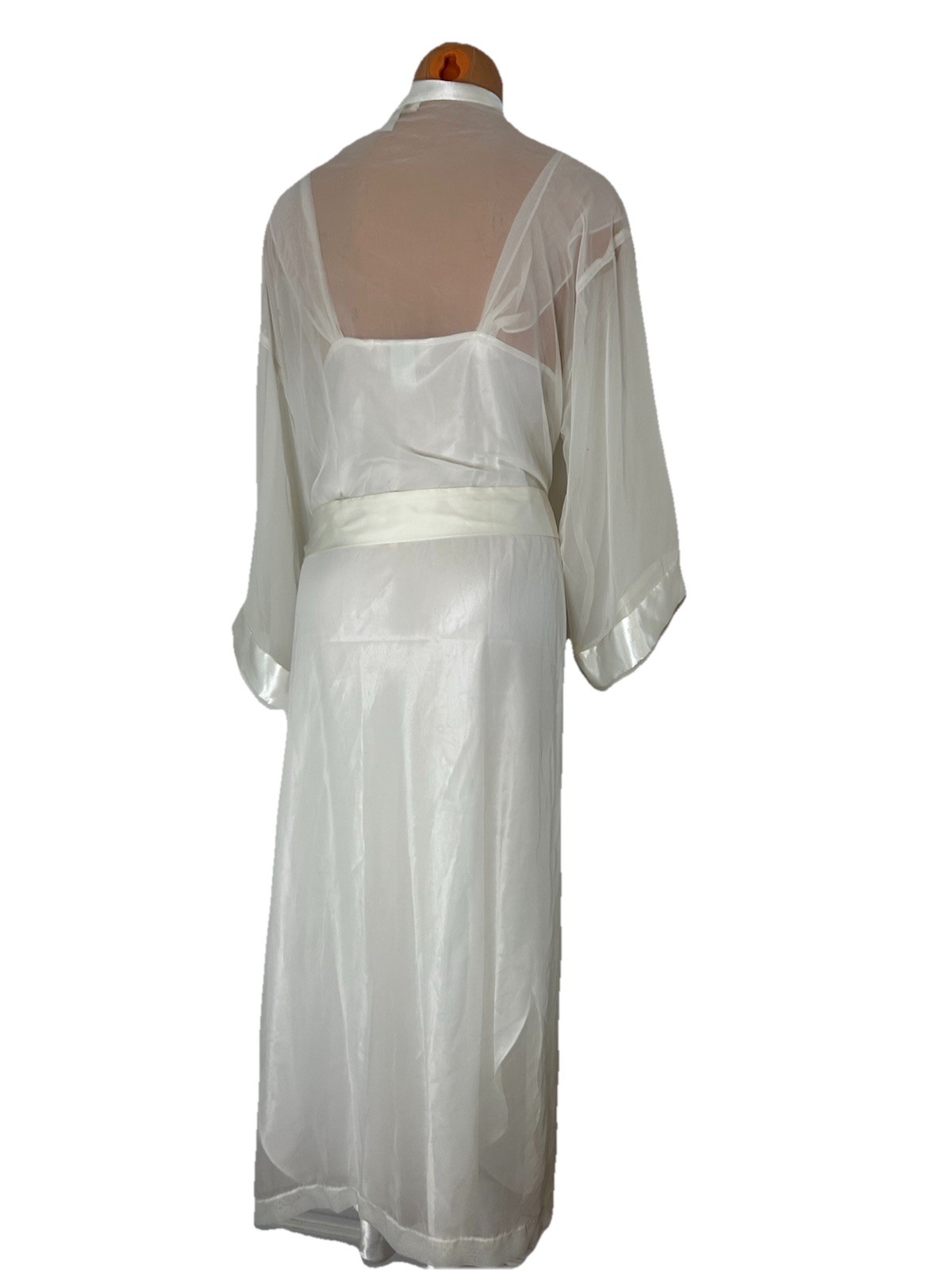 Vtg 90s 2 pc Dentelle White Satin Chiffon Lace Pearls Bridal Nightgown Sz L