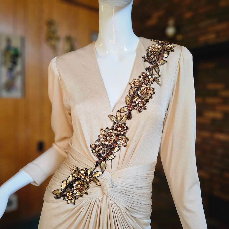 Vtg 70s Slinky Disco Champagne Gold Jill Richards Liquid Jersey Evening Gown S/M
