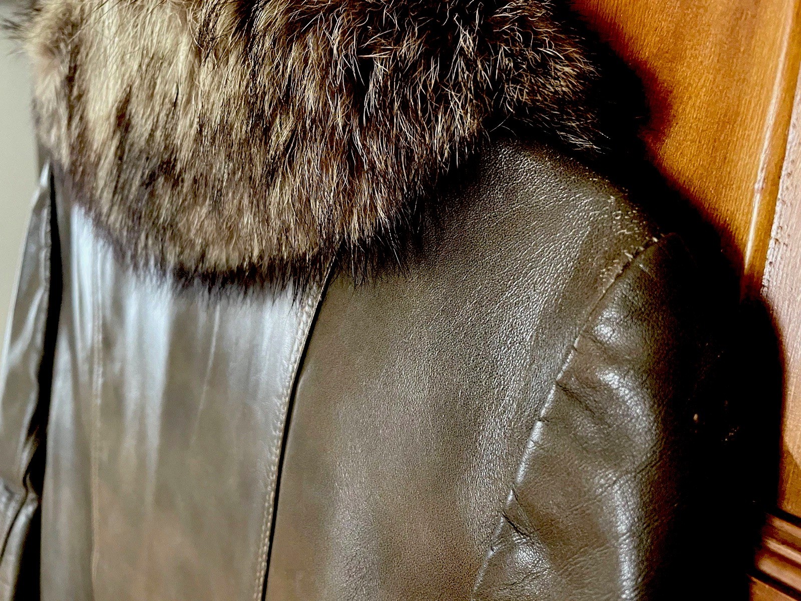 Vintage Brown Leather & Genuine Fur Swing Trench Coat Boho Bonnie Cashin Style