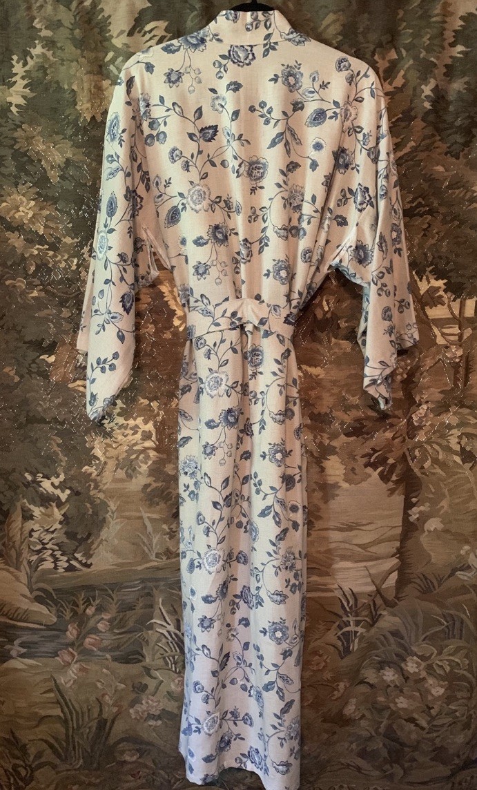 Vintage OOAK Linen Floral Maxi Full Length Kimono Wrap Robe Duster boho cottage