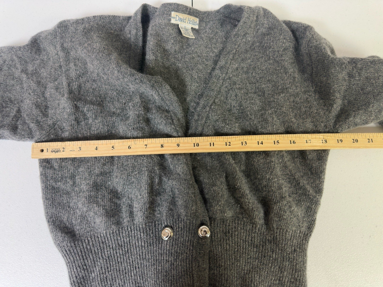 Vtg David Hollis Gray 70%lambswool 20%Angora Cable Rib Knit Cardigan Size S