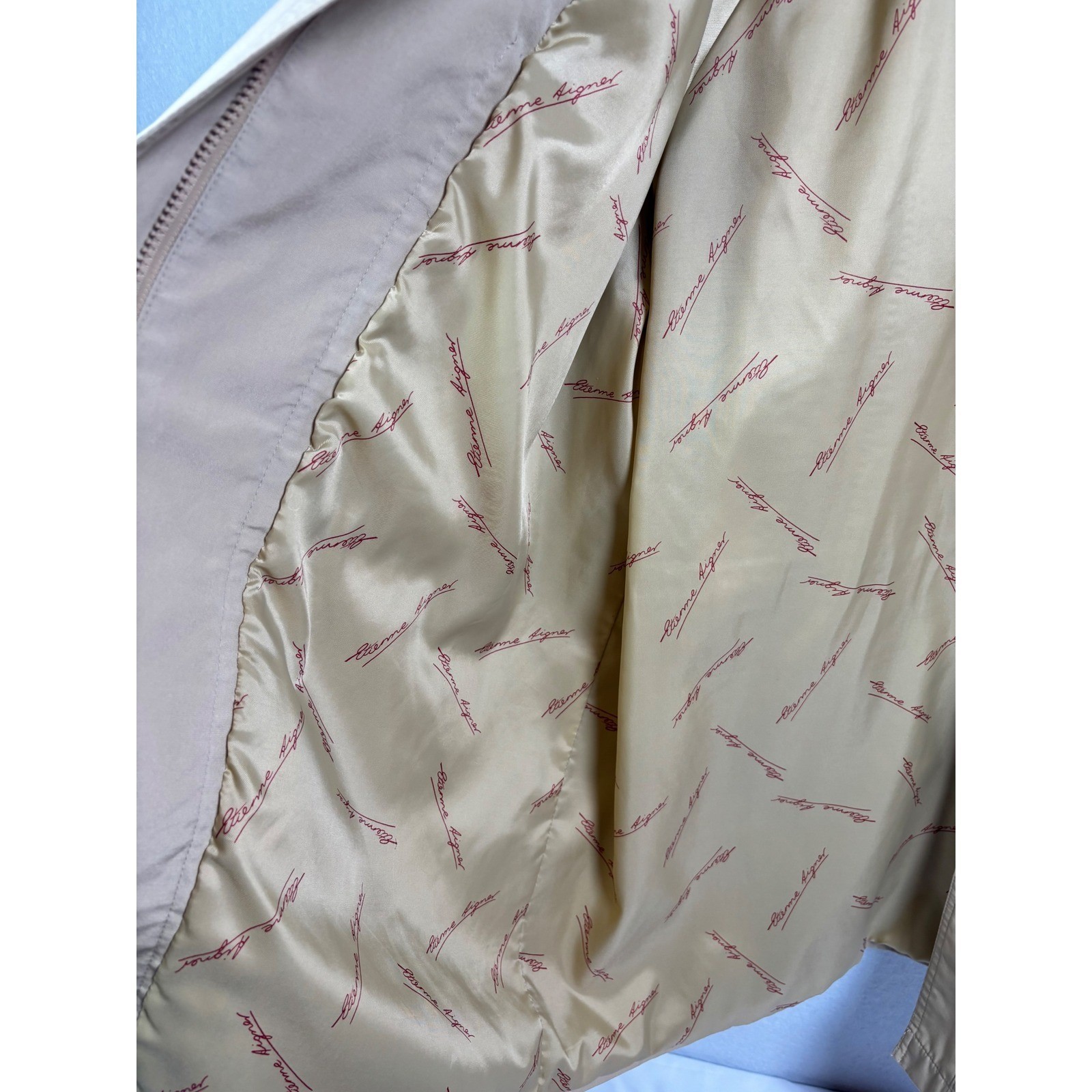 Vintage Etienne Aigner Khaki Trench Coat Tan Rain Jacket Drawstring Waist Sz 16