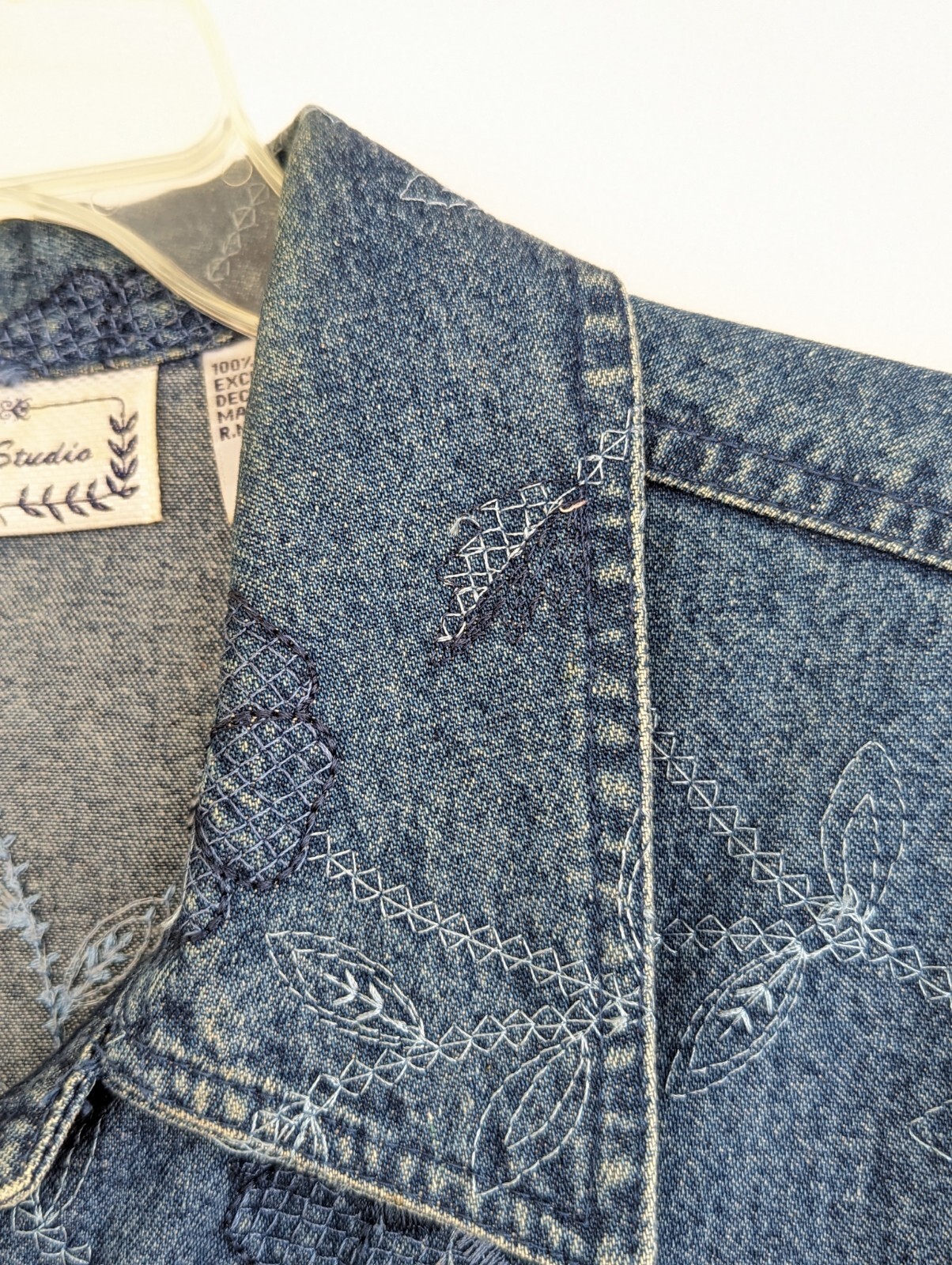Vtg Sara Studio Denim Shirt Purple Buttons Floral Stitch Embroidered XL Womens
