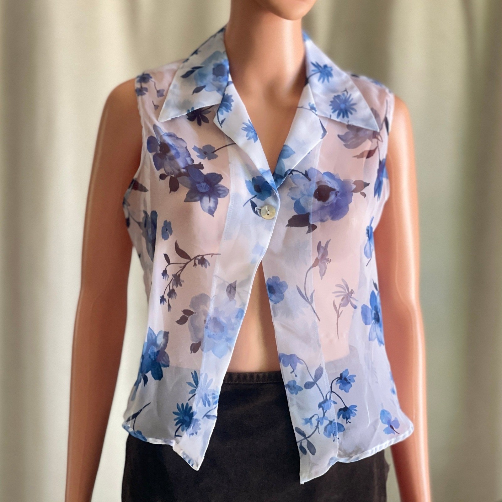 Vtg 90s Blue Floral Sheer Chiffon Sleeveless Blouse Top Soft Girl Coquette L