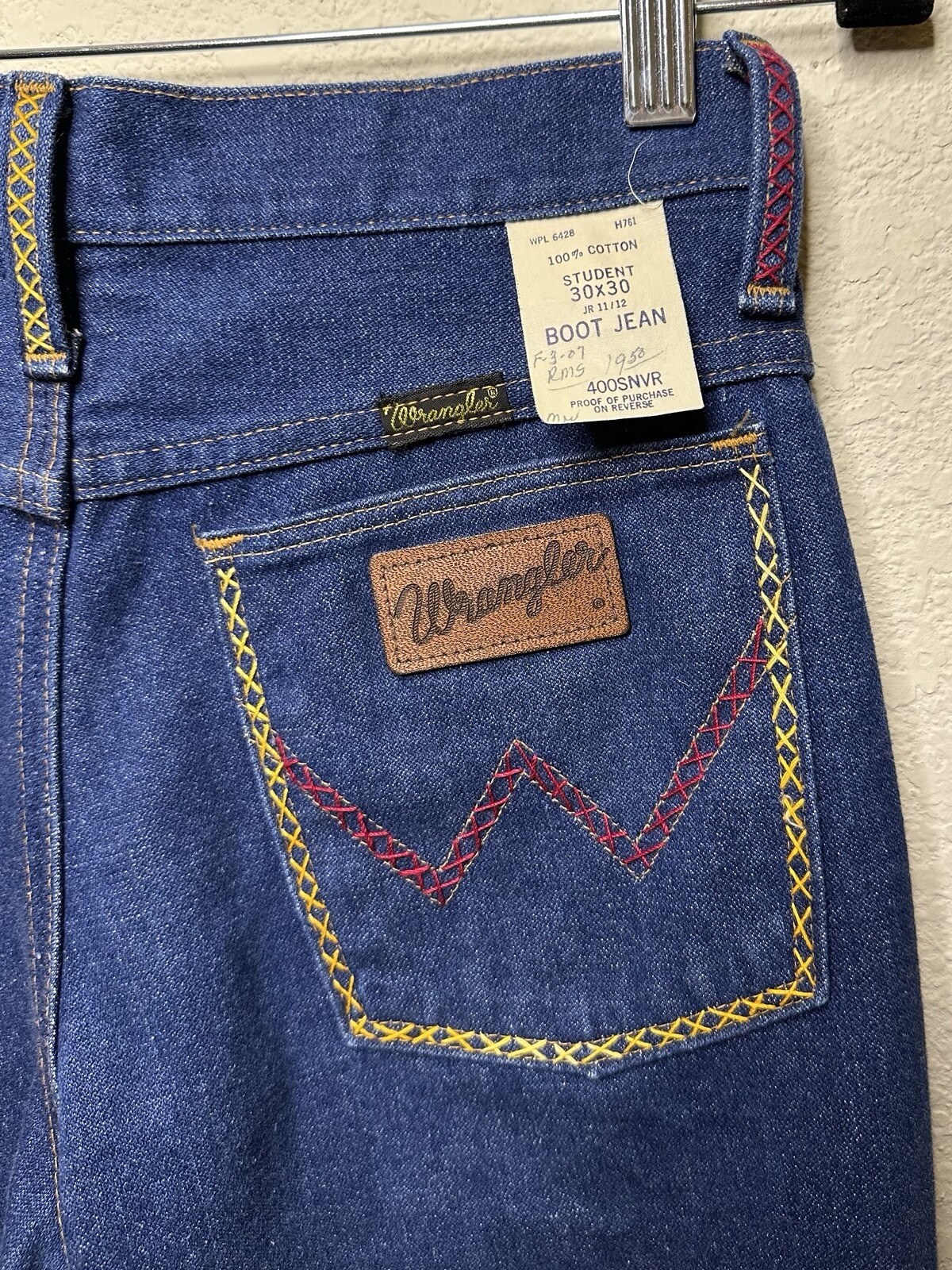 NOS 70s Vintage Hand Embroidered Wrangler No Fault Bootcut USA Denim Jeans 28×29