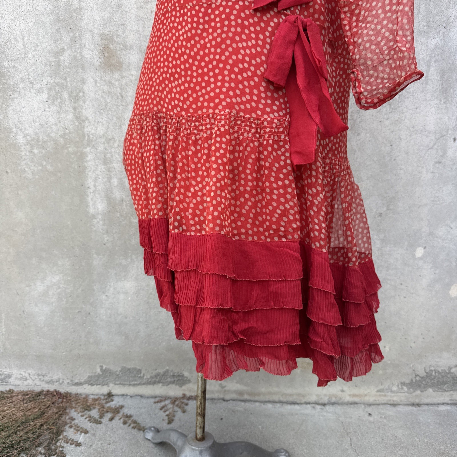 Antique 1920s Red Silk Chiffon Dress Polka Dot Asymmetrical Bow Marjone Vintage