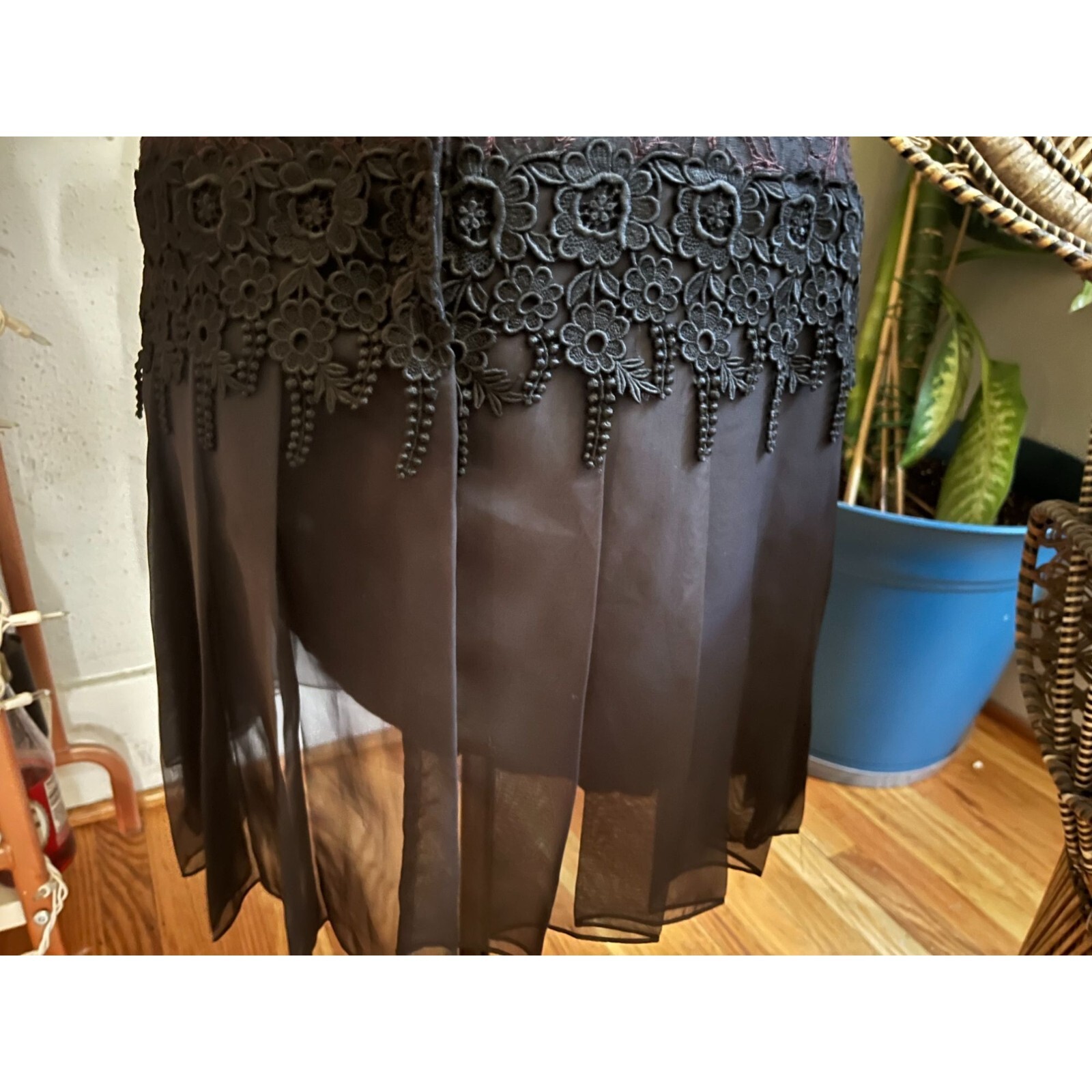 80s-90s Black Beaded Strappy Knee Length Dress with Lace + Chiffon