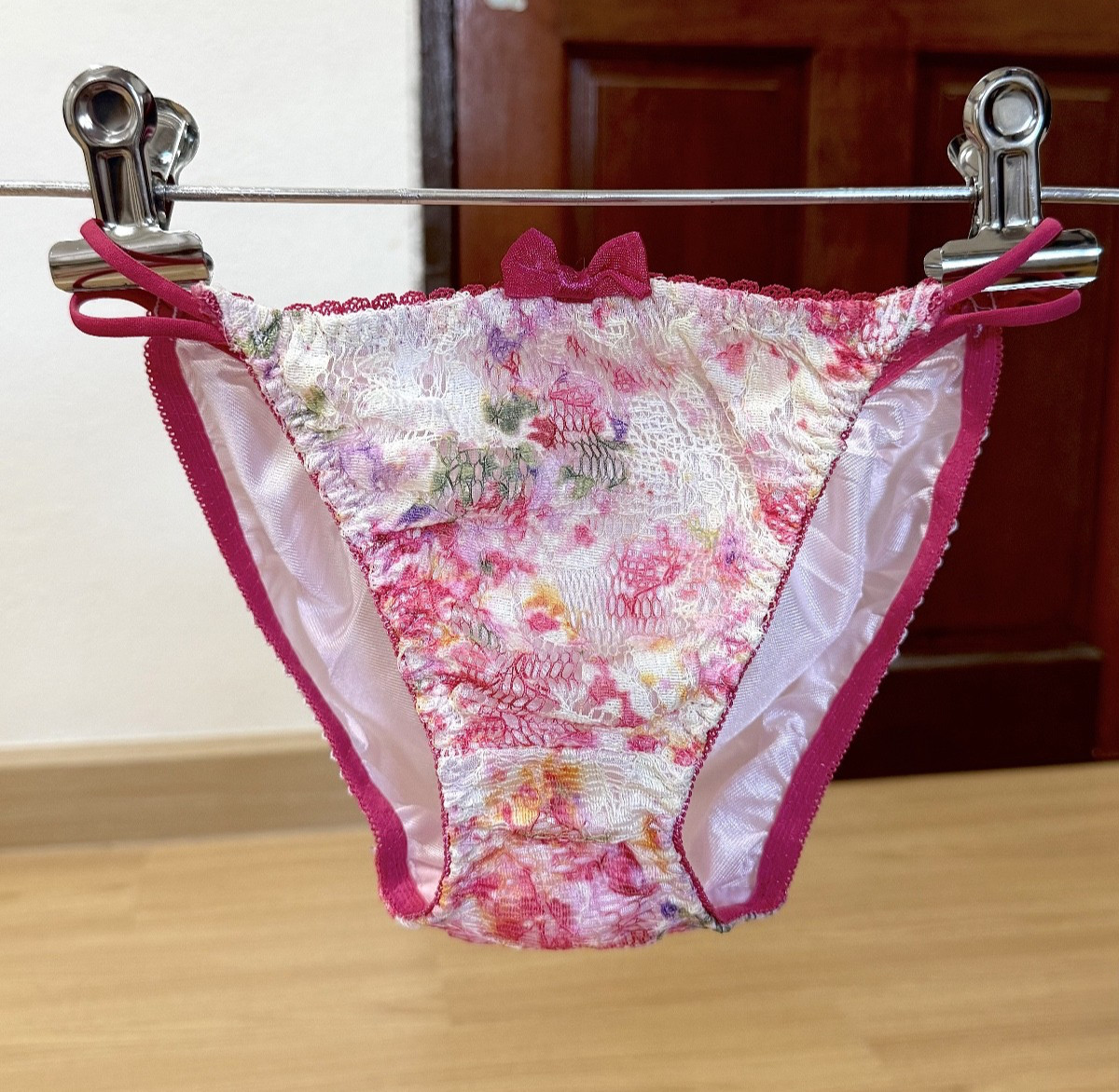 Vintage Pale Pink Polyester String Panty Floral Lace Bikini Hi Cut Brief Sz.6/M