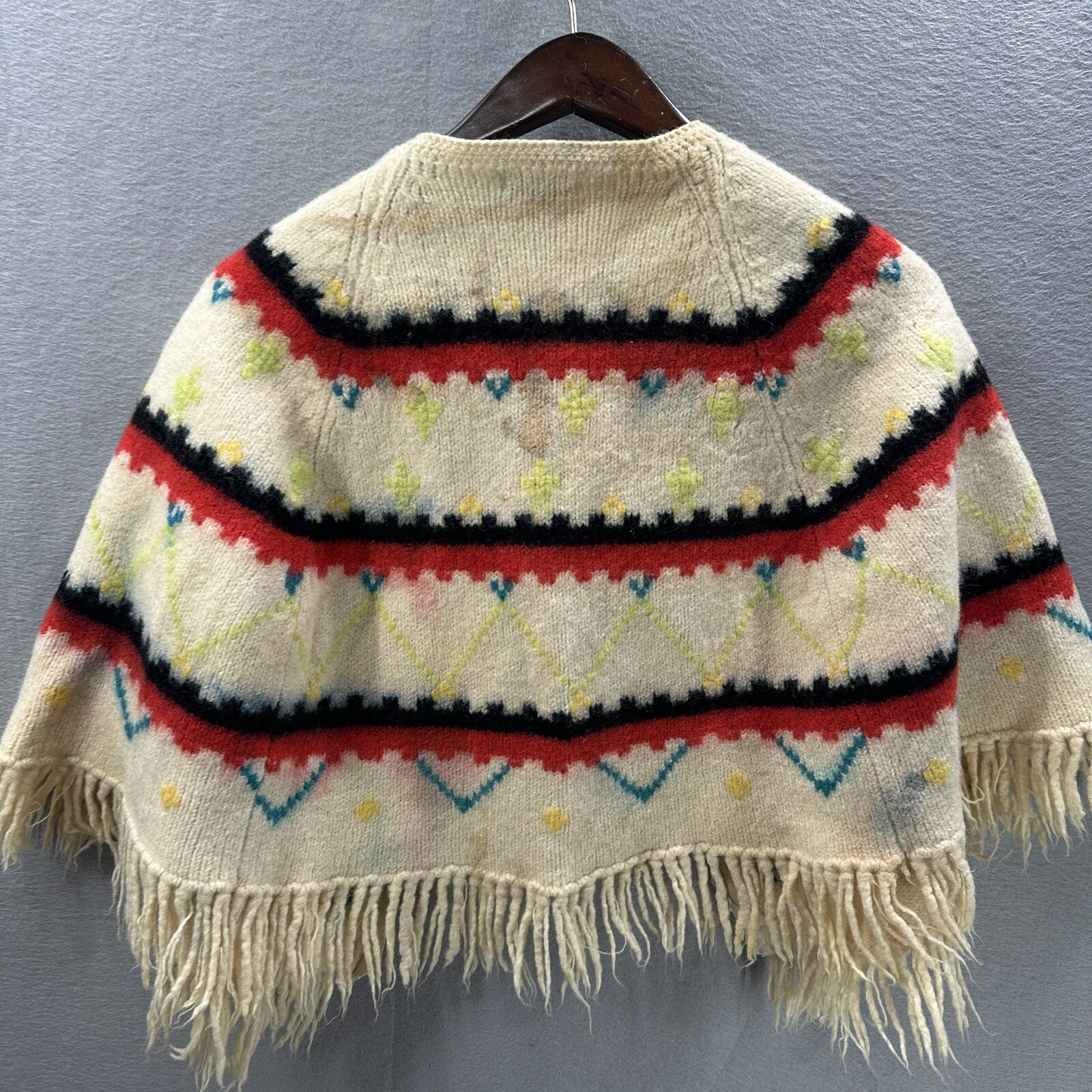 Vintage Barbara Lee Fringed Cape Shawl Poncho Aztec Wool Womens M Native READ