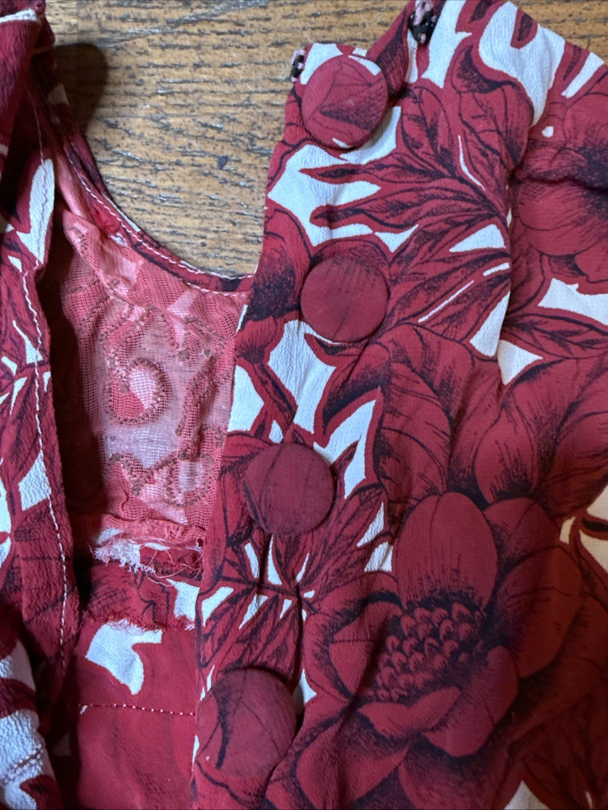 Antique 1930s Cranberry Floral Crepe Dress – Appliqué Netted Yoke – Back Buttons
