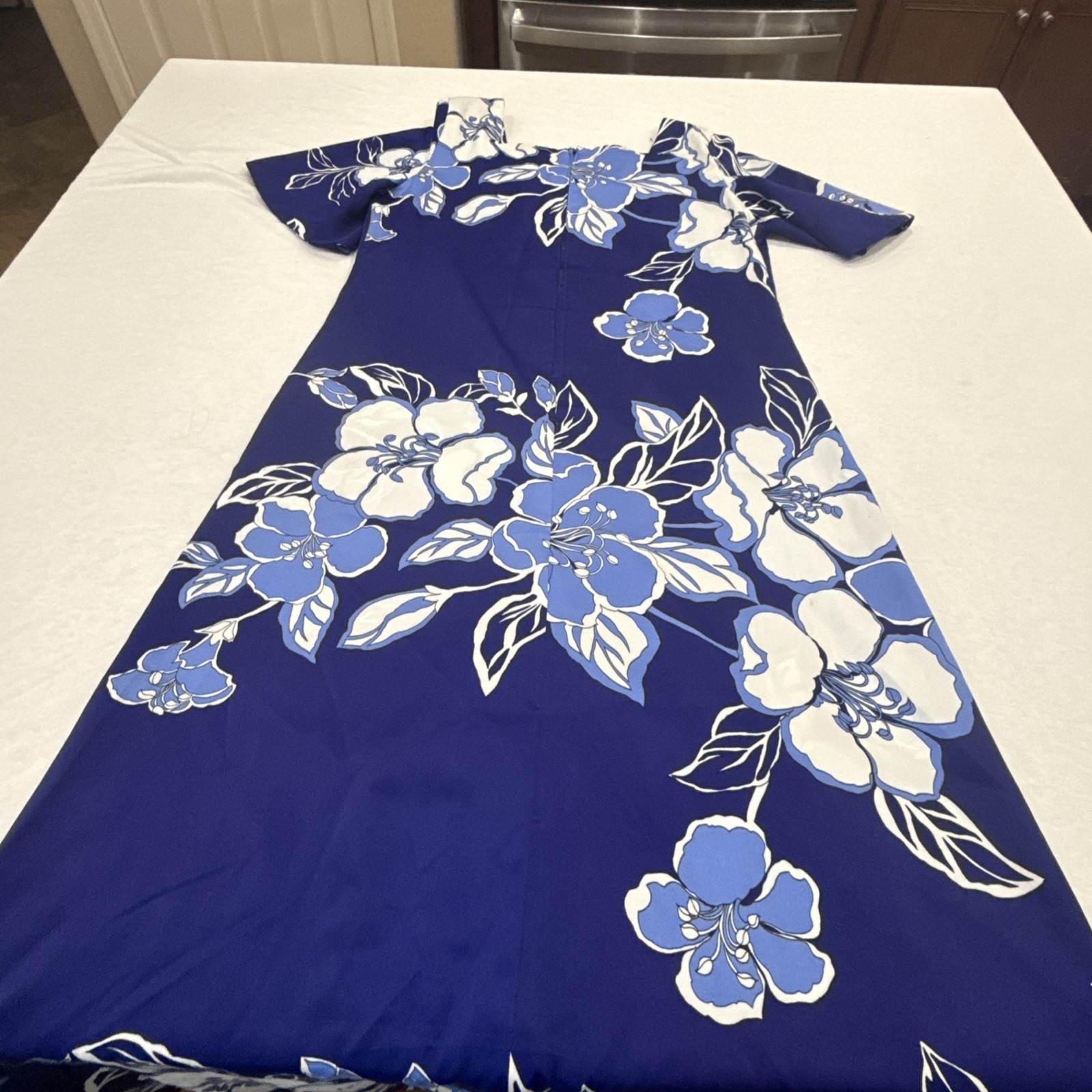 Vintage Royal Palm Made in Hawaii Blue Orchid & White Womens Muumuu Dress M/L