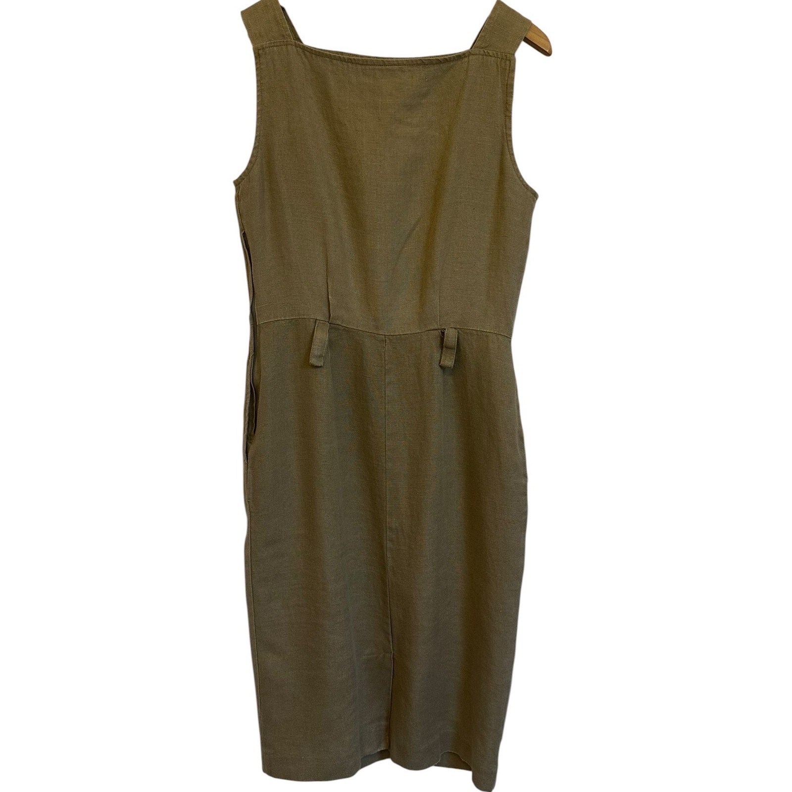 Tweeds Vintage 100% Linen Sheath Dress Khaki Sleeveless USA Sz 8 Career 90s