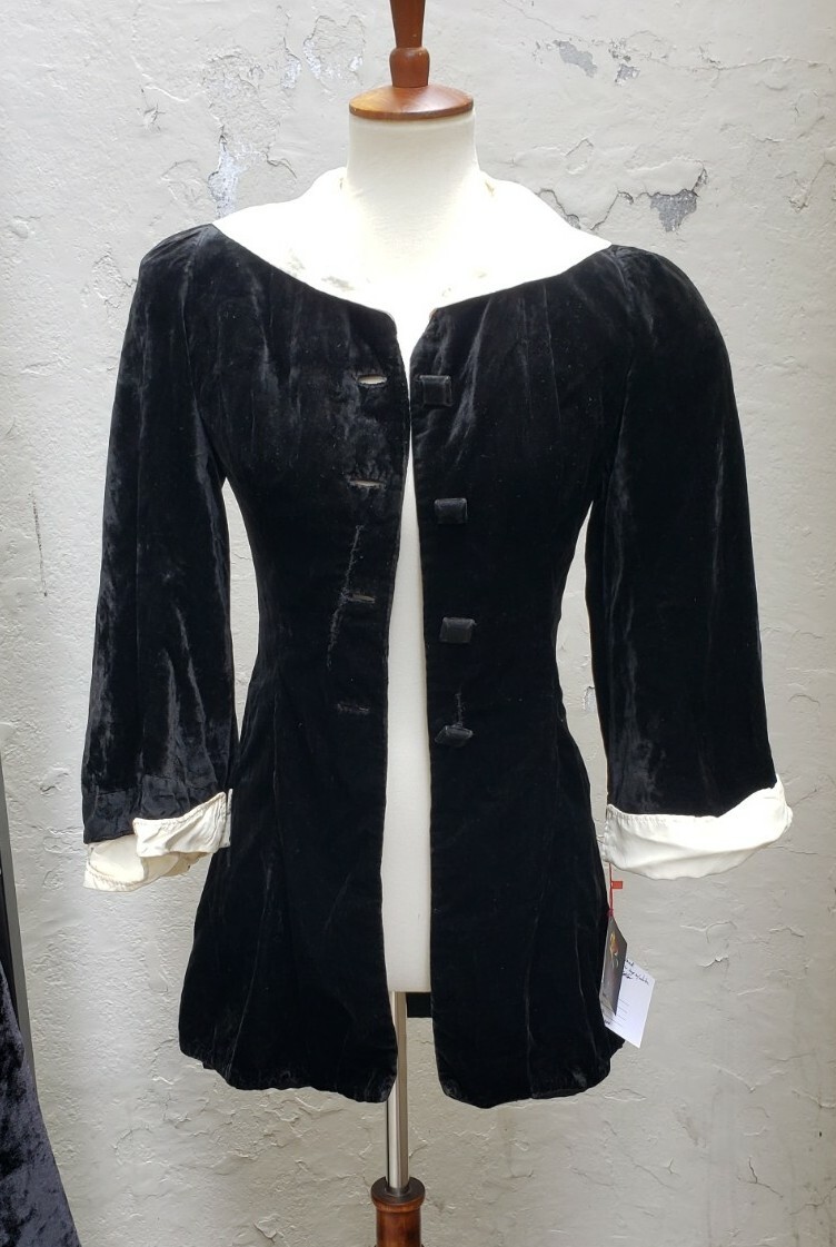 Vtg 1930s Black White Silk Velvet Blouse Deco Tailored Dress Jacket Bell Sleeve