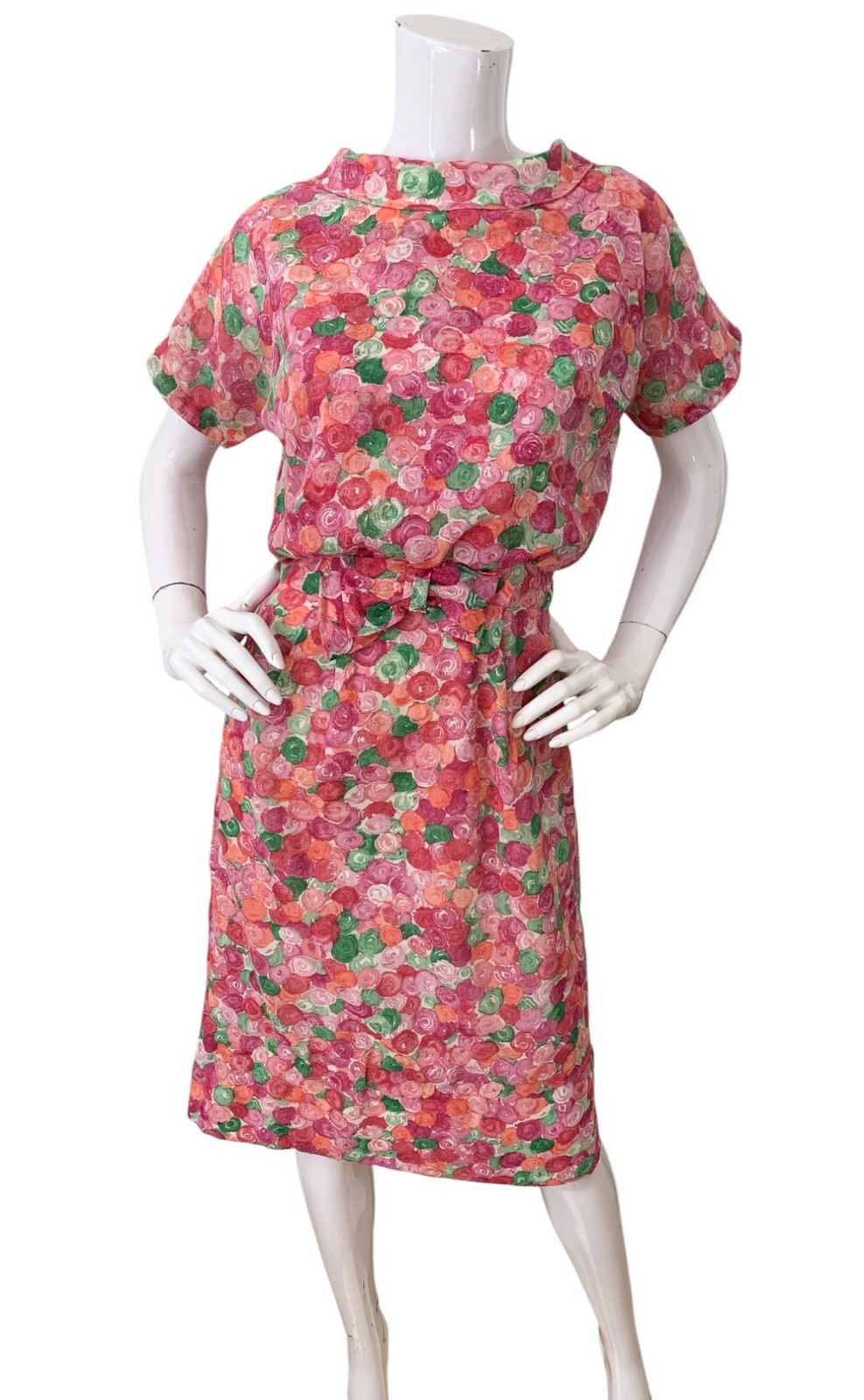 Vintage 60s Day Dress Floral Cotton Sheath Blouson Bow Waist D’Allairds Small