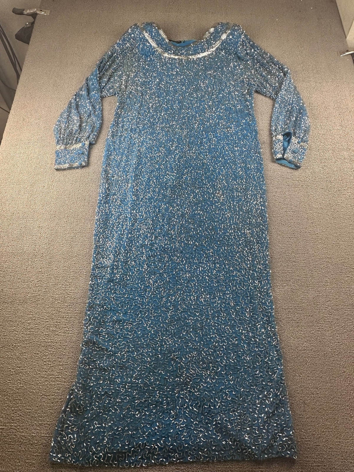 Vintage Rose-Ann Dress Women S Blue Beaded Gown Maxi Long Sleeve 70s Glam Party