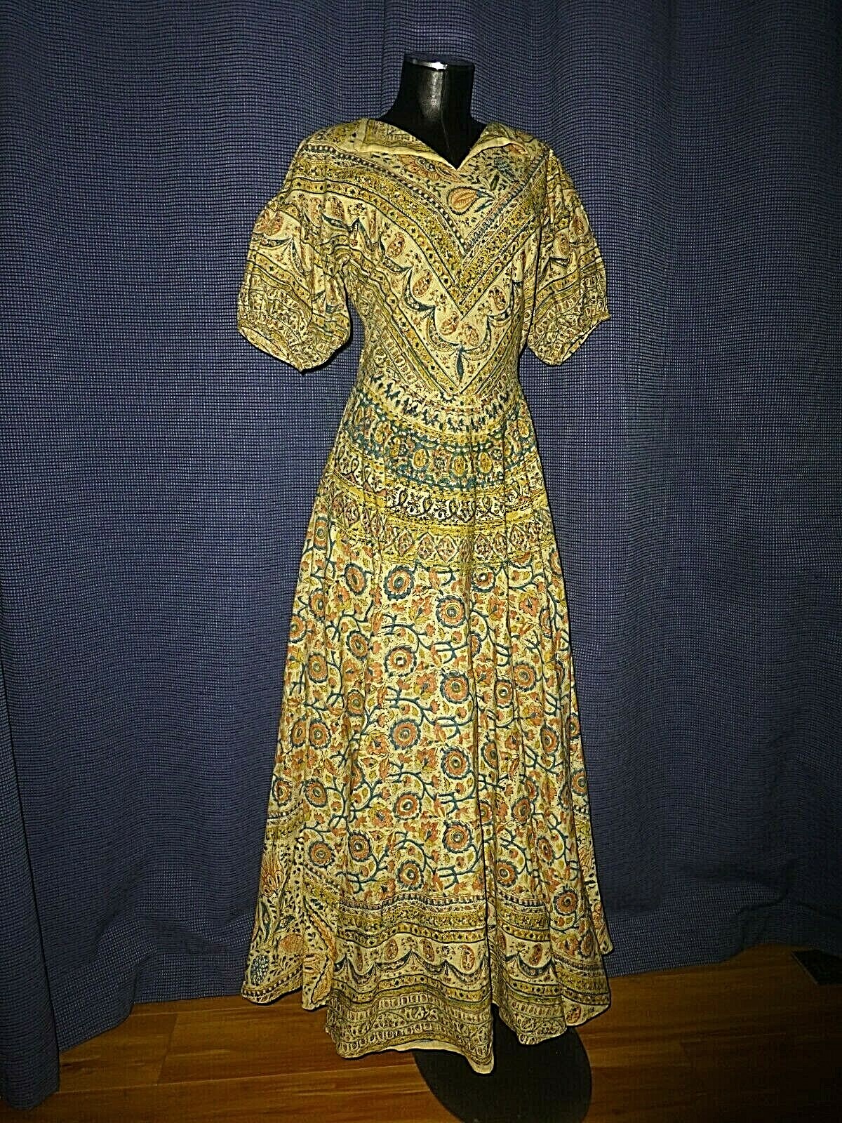 Vtg 50s INDIA Block Print Cotton Ethnic Hippie Boho Gypsy Full Skirt maxi Dress