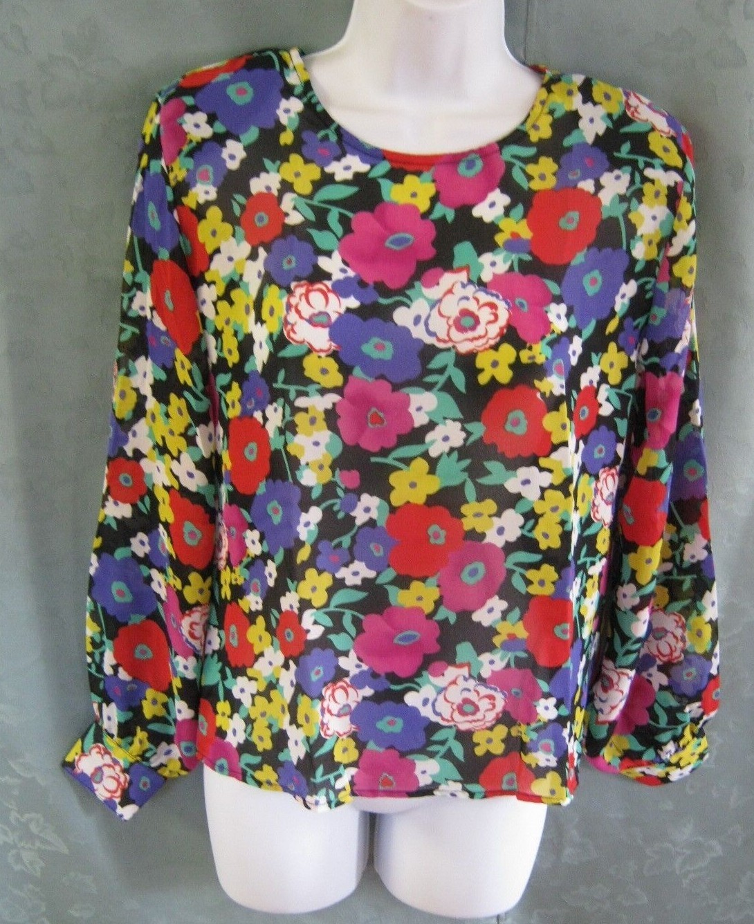 VTG 80’s Bedford Fair Top Size 6P 6 Petite Collarless Floral Print Sheer Blouse