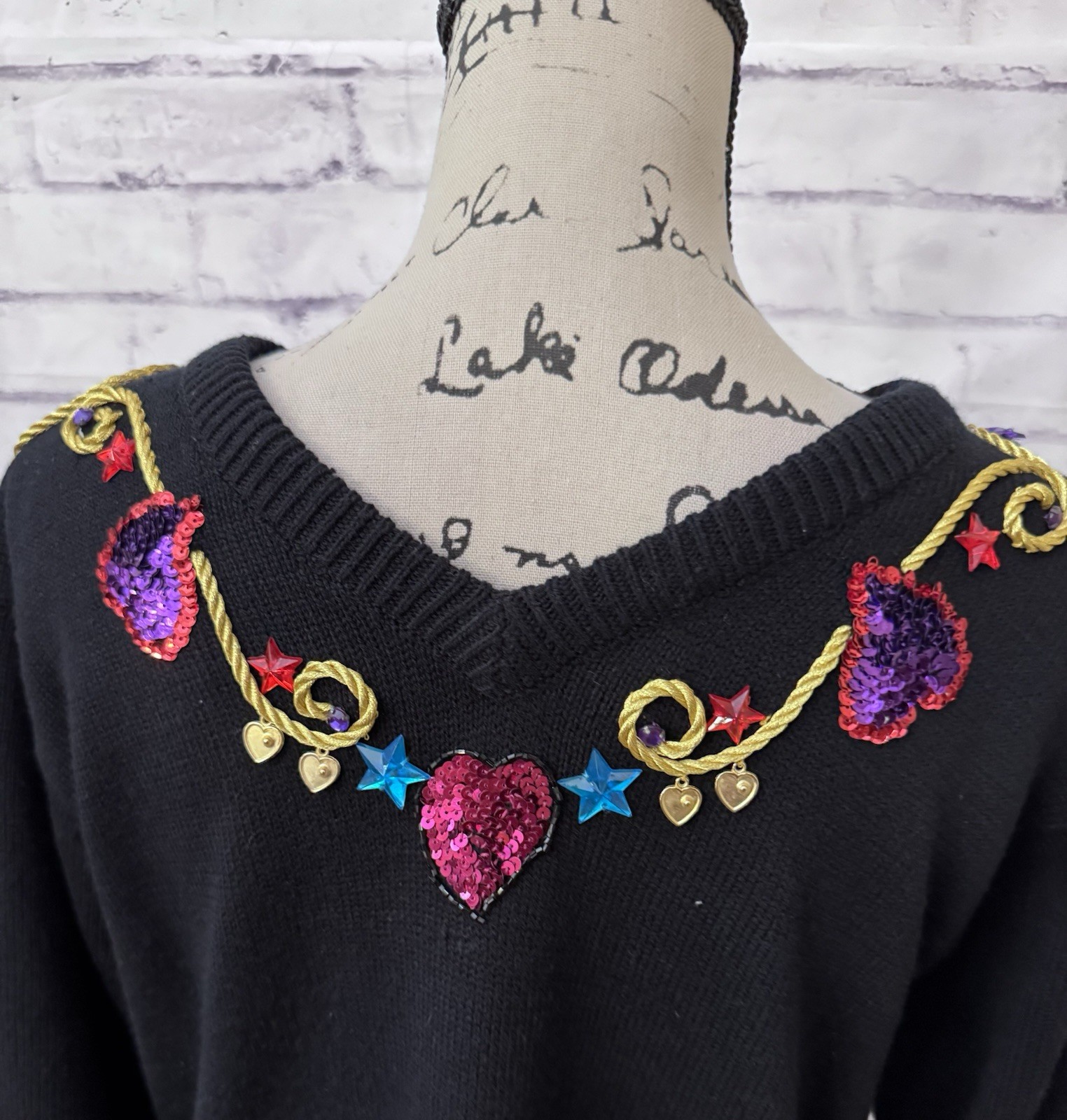 Plain Jane Sz L Black Sweater Dress Ugly Retro Maximalist Bling Sequin Novelty