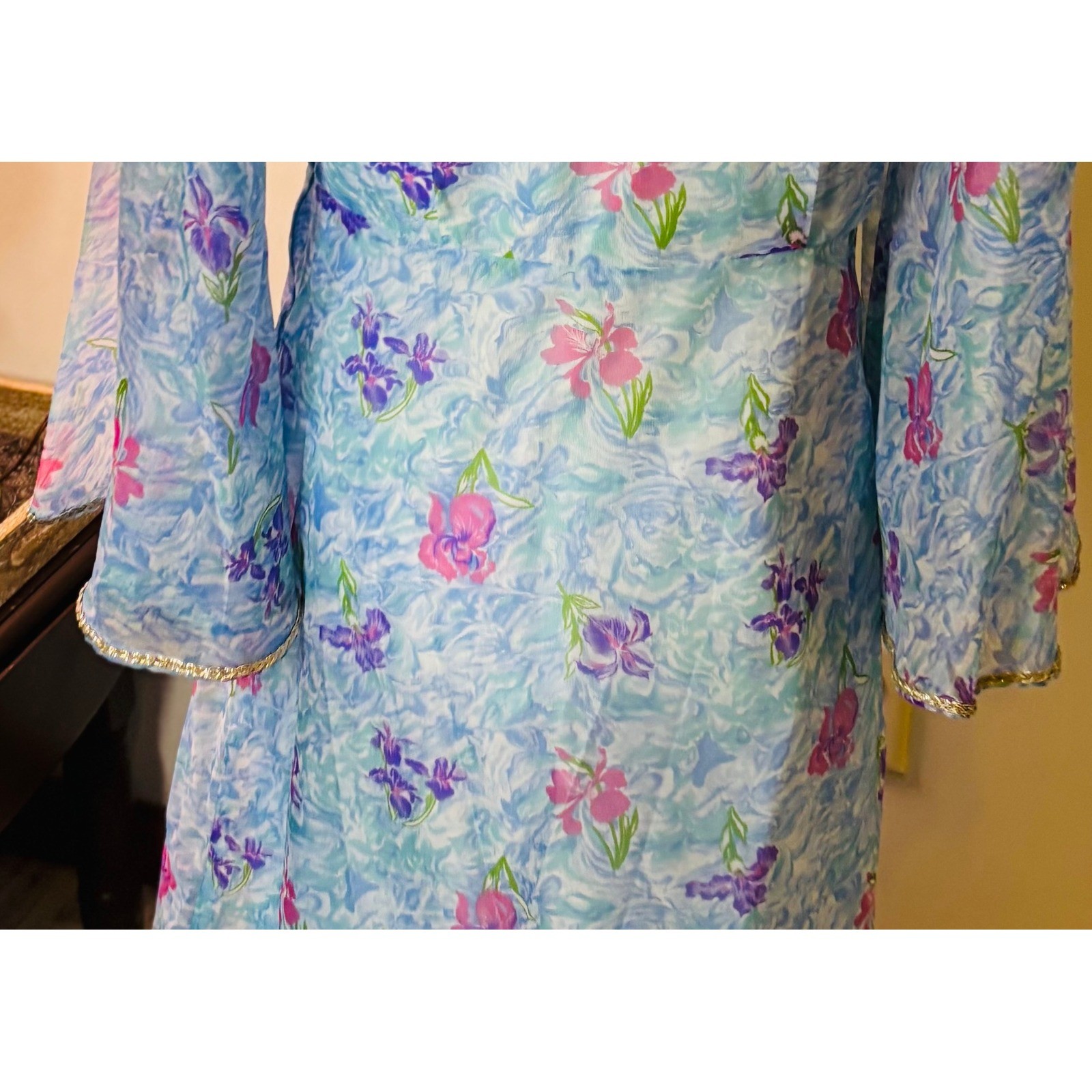 Vintage 60s Mad Men flower Dress Set, Sheer Layered Gown Bell Sleeve S/M