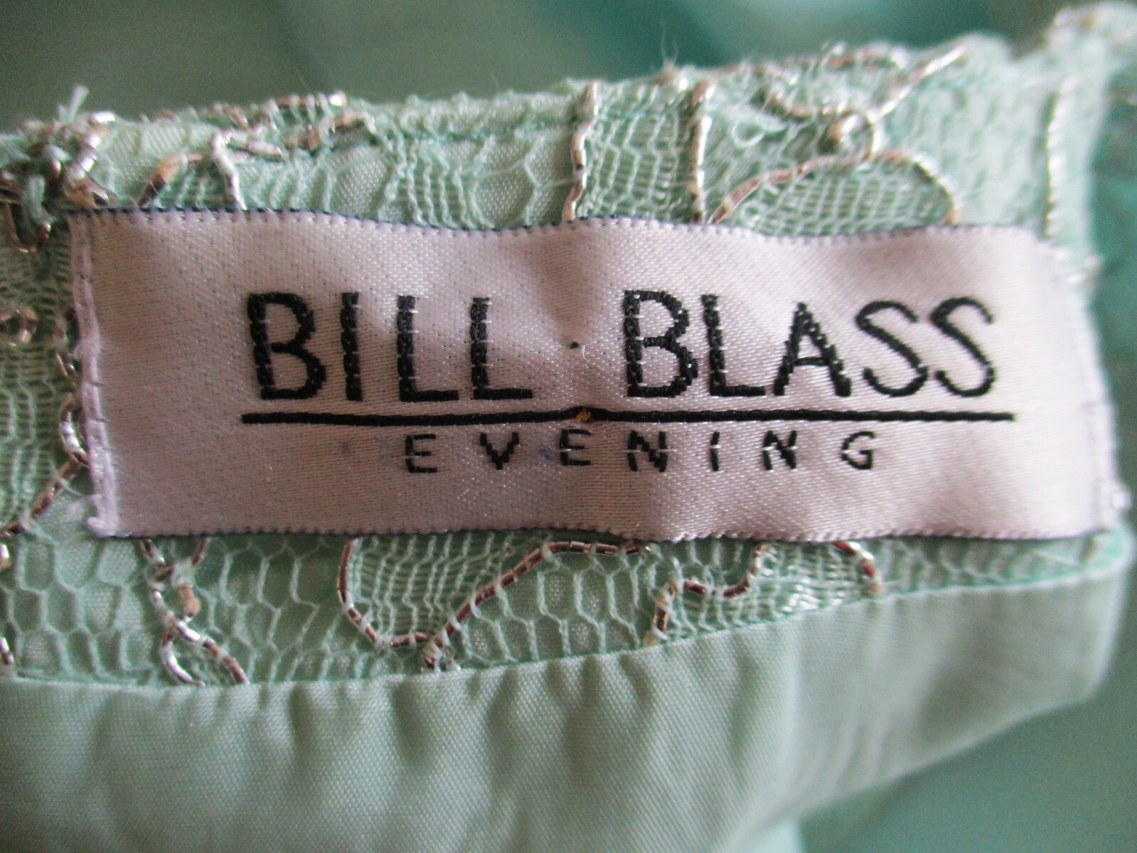 Vintage 80s BILL BLASS Pastel Green Lace Taffeta Evening Gown Dress S Women