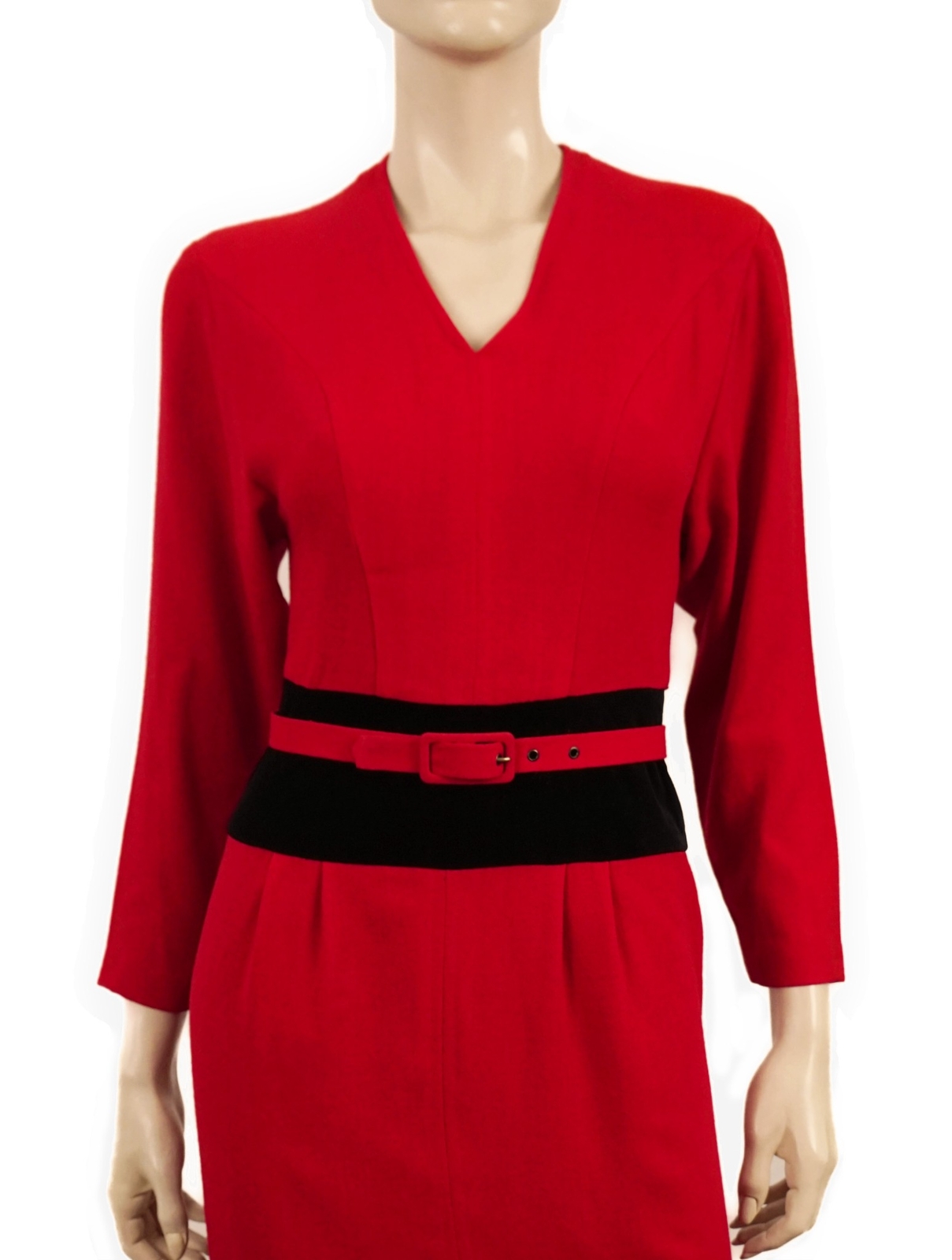 GUY LAROCHE Vintage 80s Red Wool Crepe Dolman Sleeve Belted Dress 34 US 2