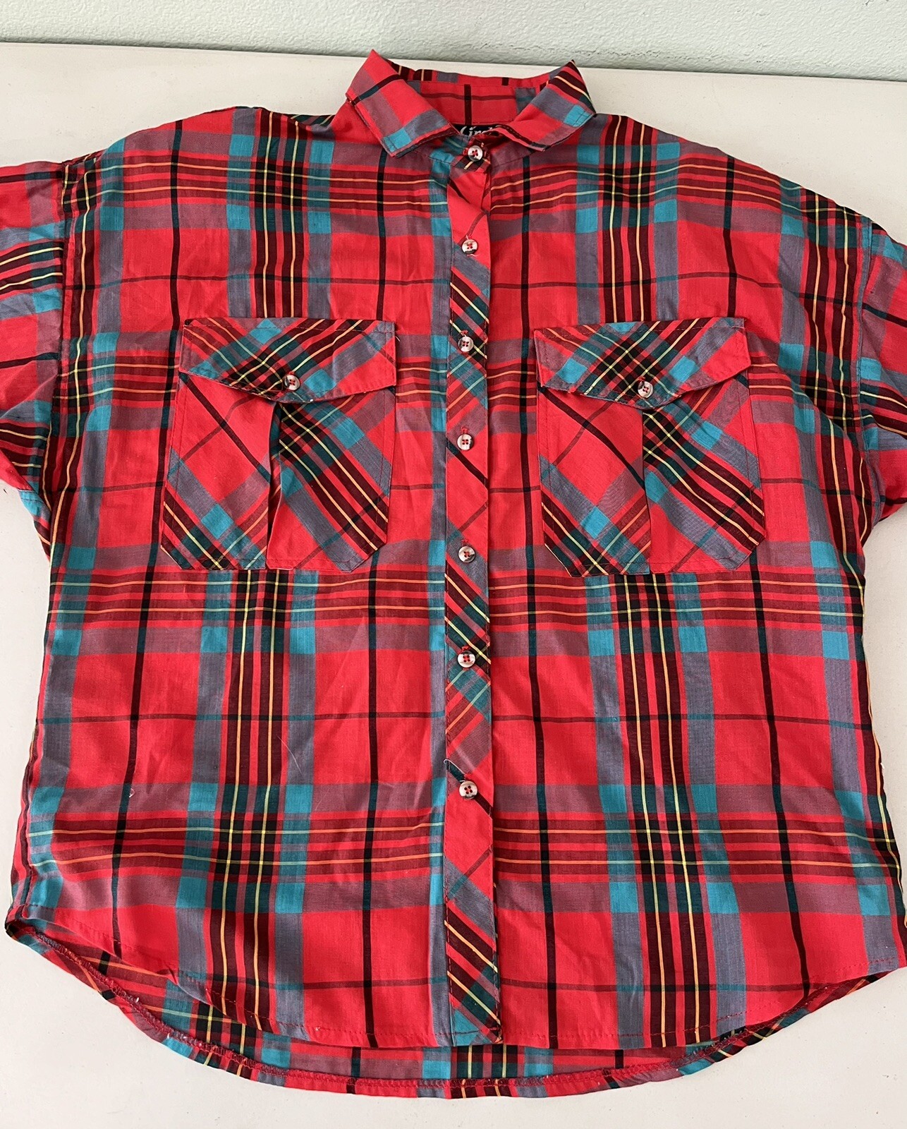 CIRCLE T by Marilyn Lenox Vtg Red Turquoise Plaid Western Button Down Shirt 9-10