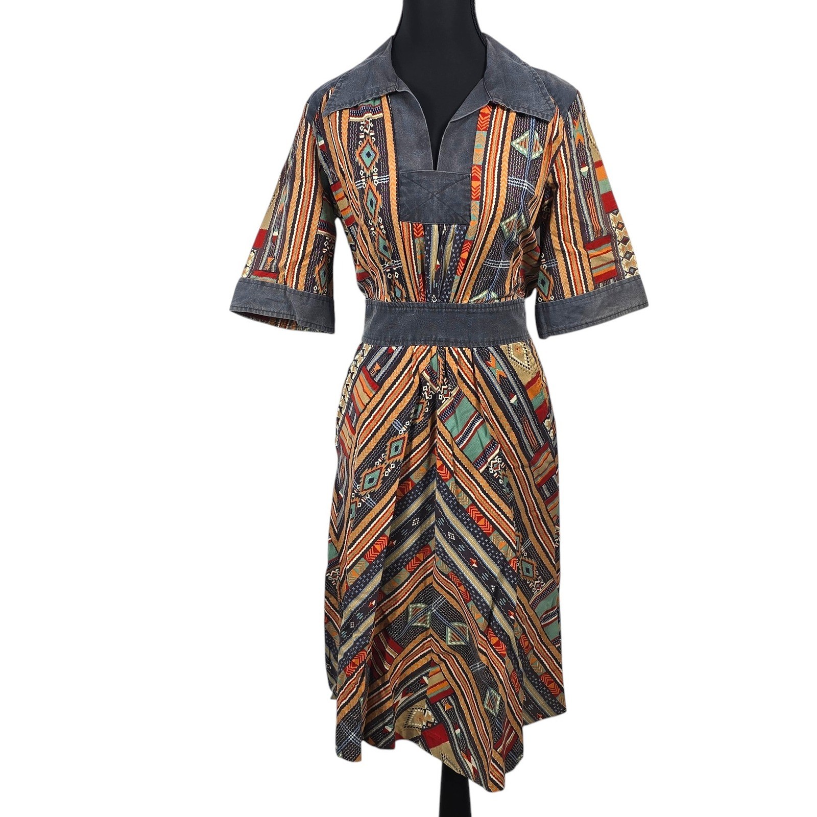 Vintage Prarie Southwestern Midi Dress Woman XS Hippie Boho Tribal 5-7-9 Shops