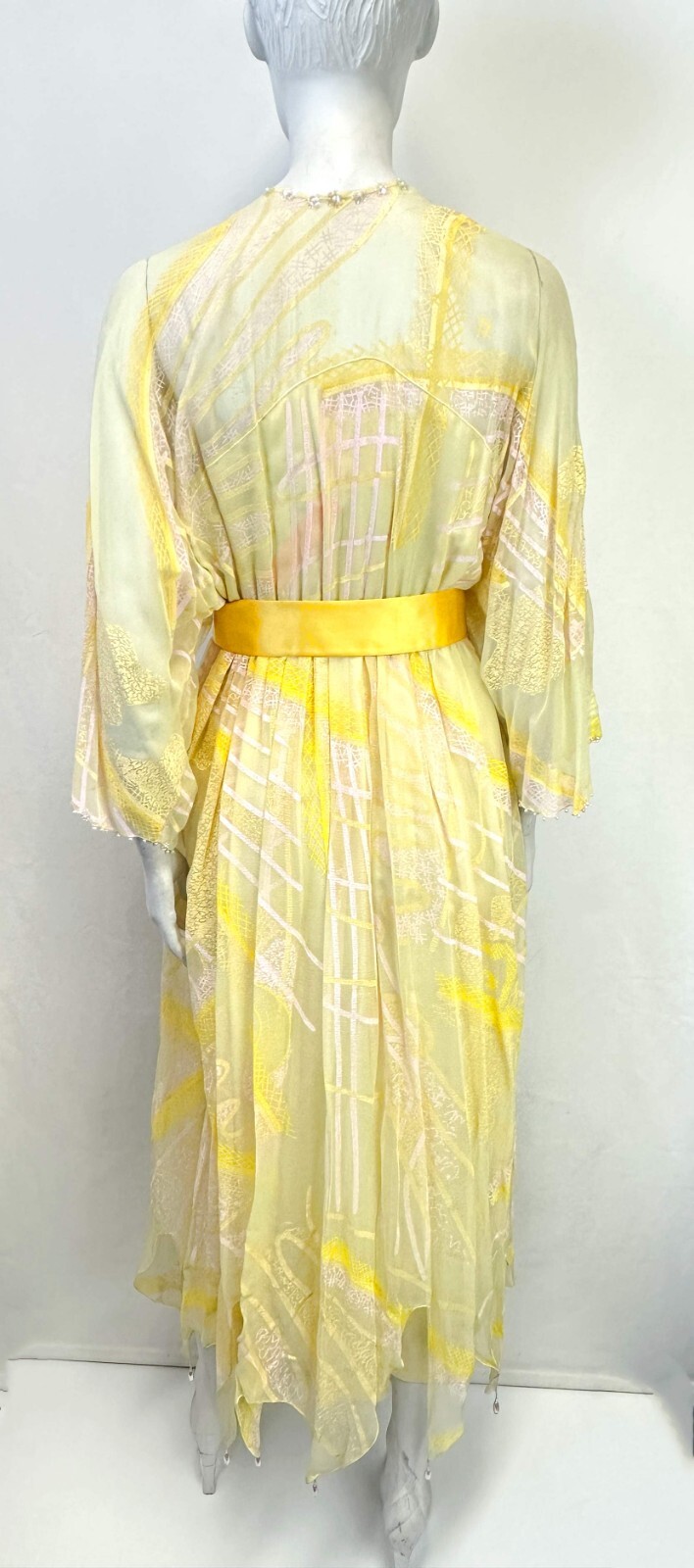 Vintage ZANDRA RHODES Iconic Silk Chiffon Gown 6 Yellow Hand Painted 1970’s Midi