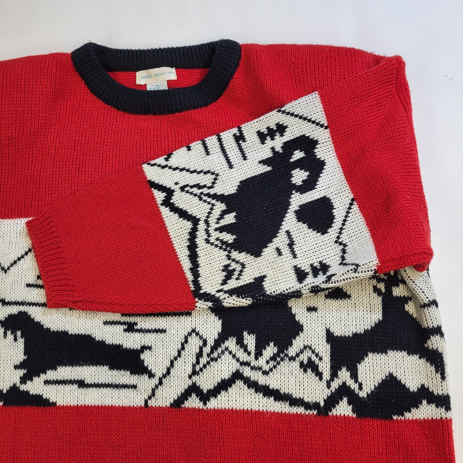 Vtg Jamie Scott Red Knit Sweater Reindeer Antelope Retro Ugly Christmas Cozy 80s