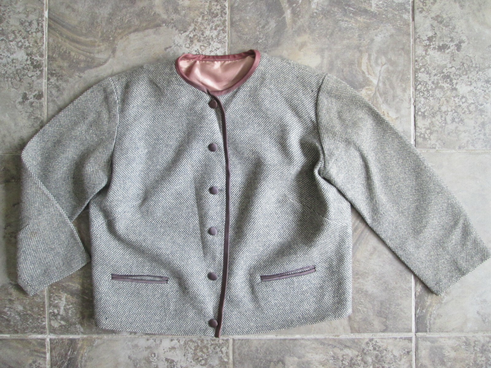 VTG Original Suit Skirt Set Jacket Medium Wool Gray White Purple Checkered Lined