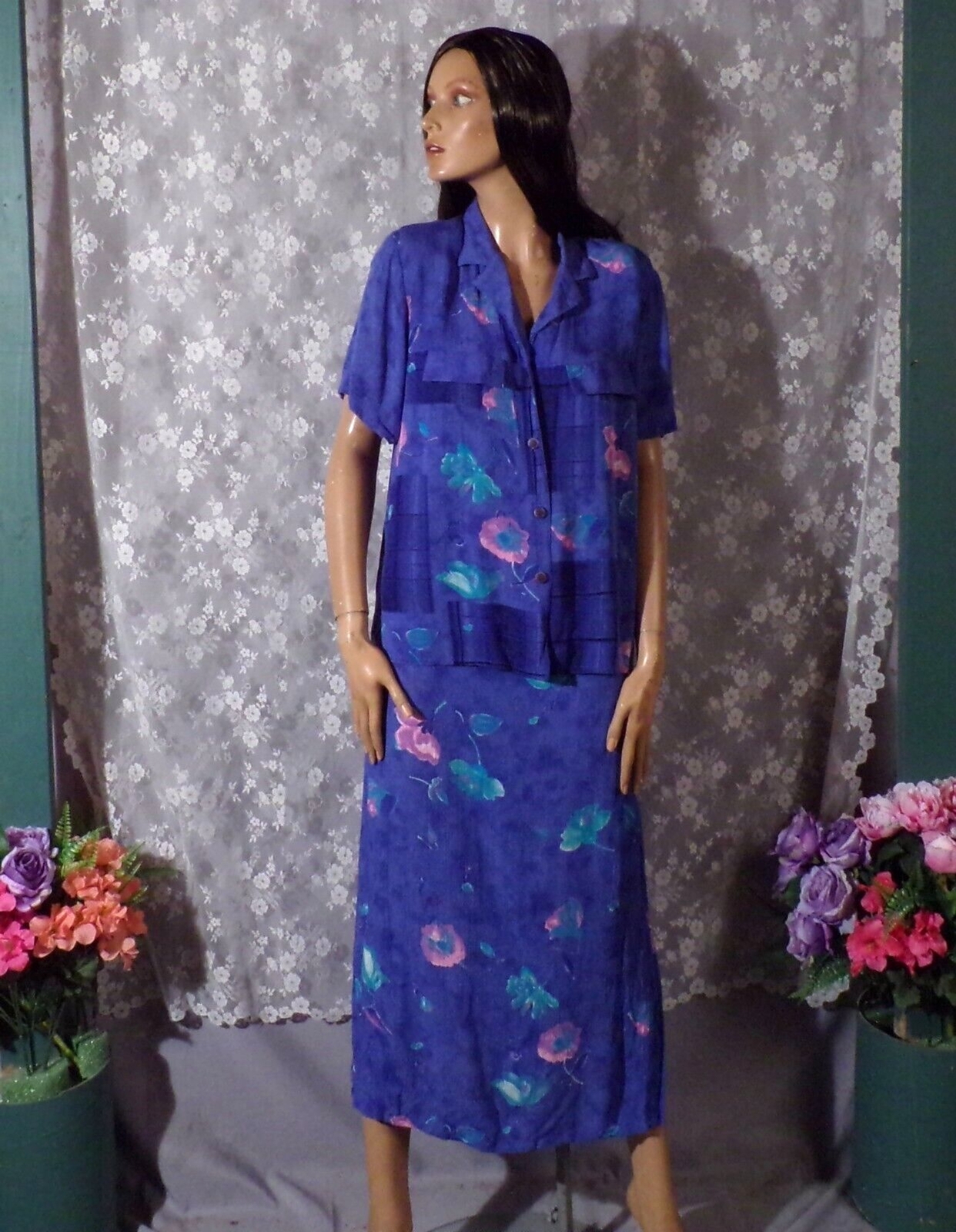 Vintage 90s Blue Floral Dress & Top Size Medium Retro 1990s Boho Watercolors