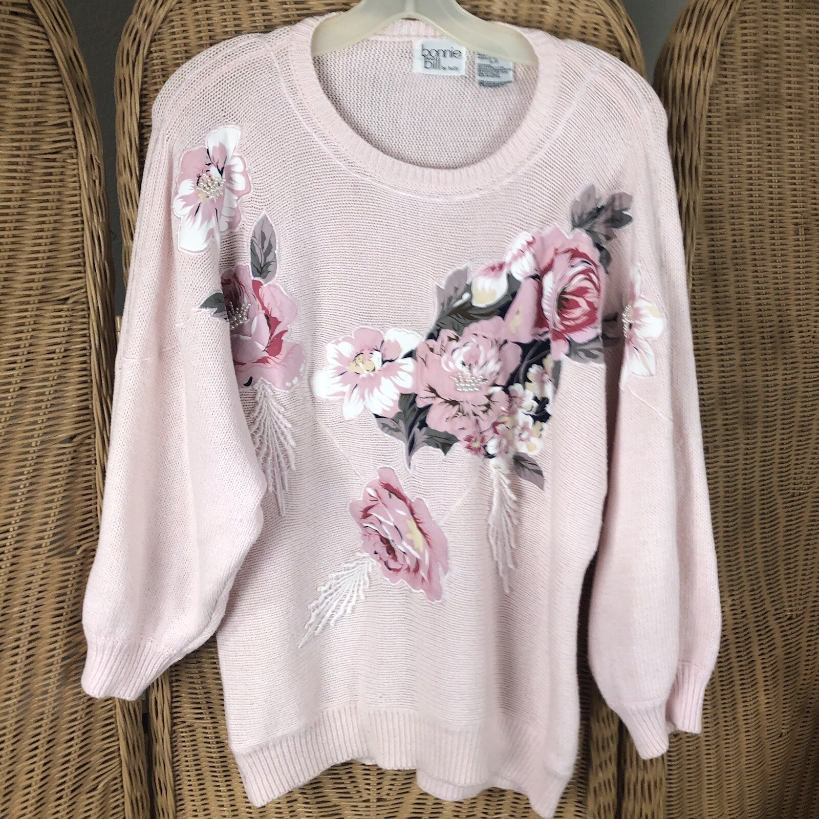 Vtg sweater womens Bonnie and Bill By Holly floral appliqué PS pink
