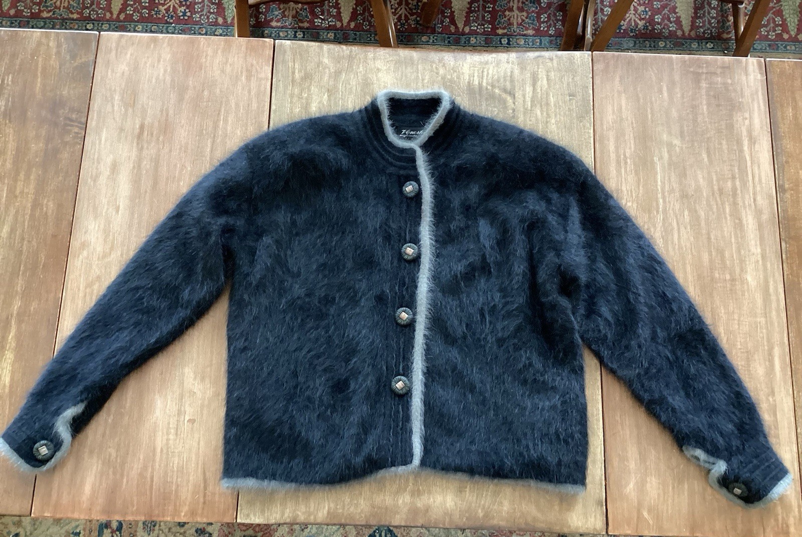 Vintage Venesha Jacket Angora Rabbit Hair Black Gray Button Up Cardigan Size L
