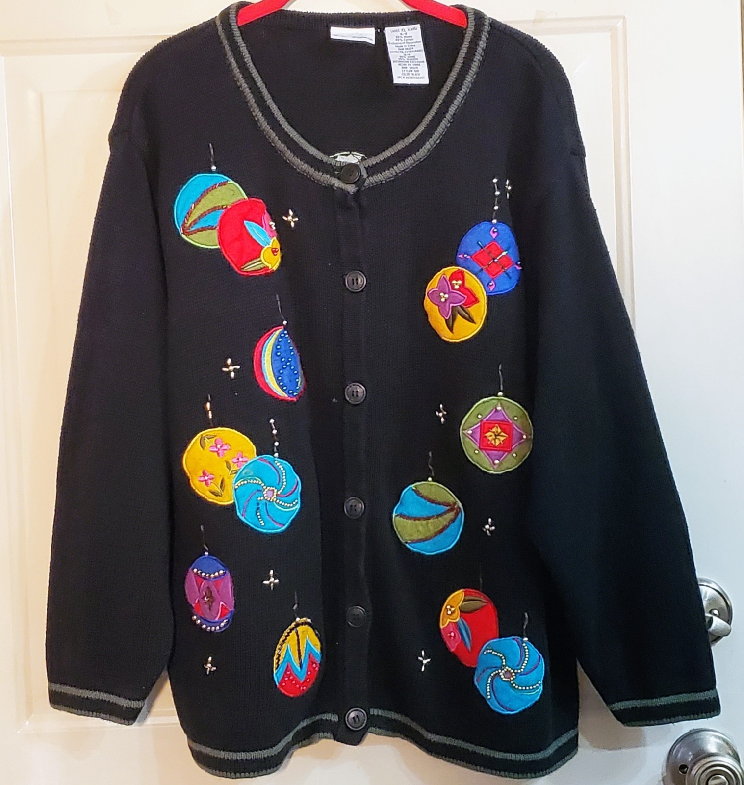 VTG Ugly Bobbie Brooks XL Christmas Sweater Cardigan Beaded Felt Ornaments Black