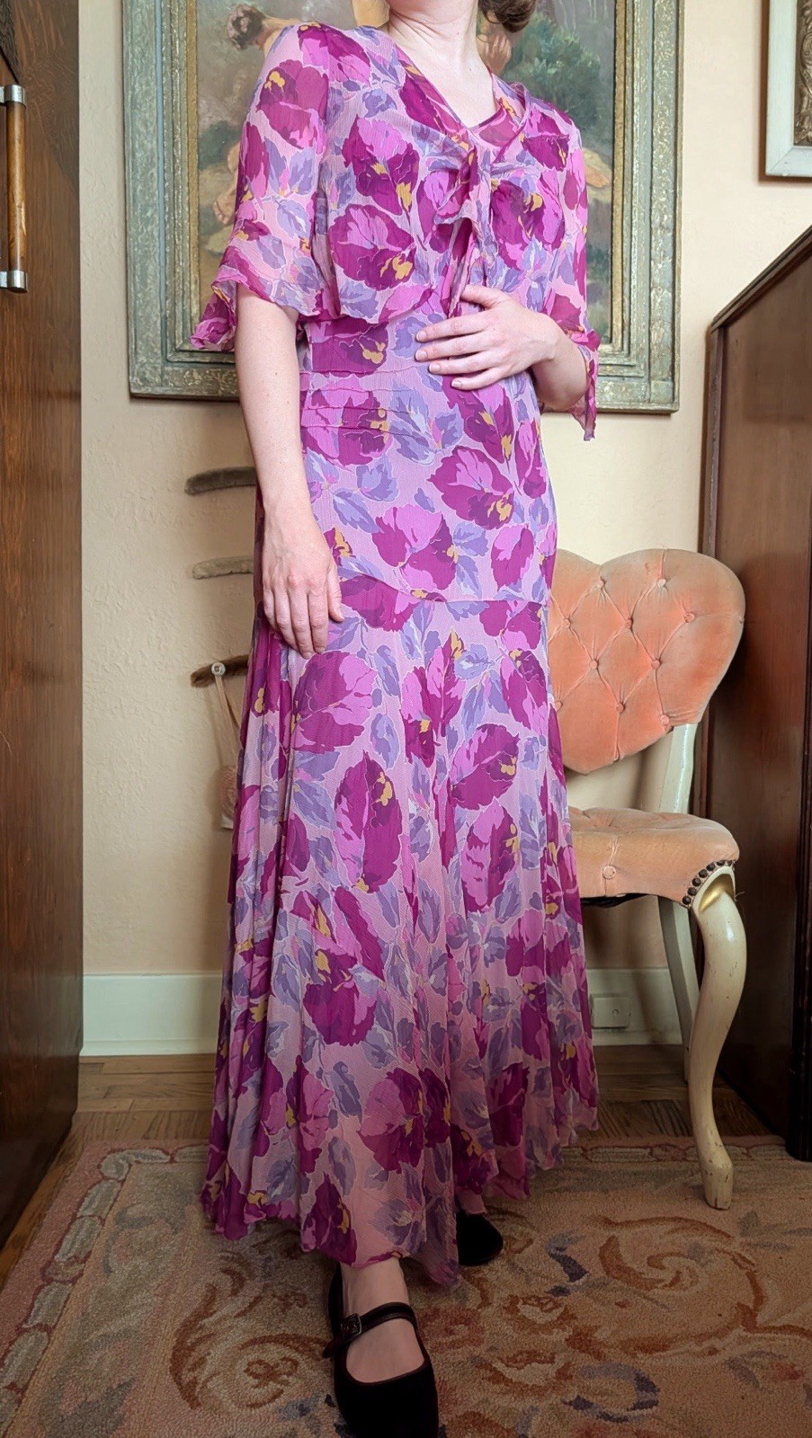 Vintage 1920s Purple Pink Floral Silk Crinkle Chiffon Dress Jacket Set Size S