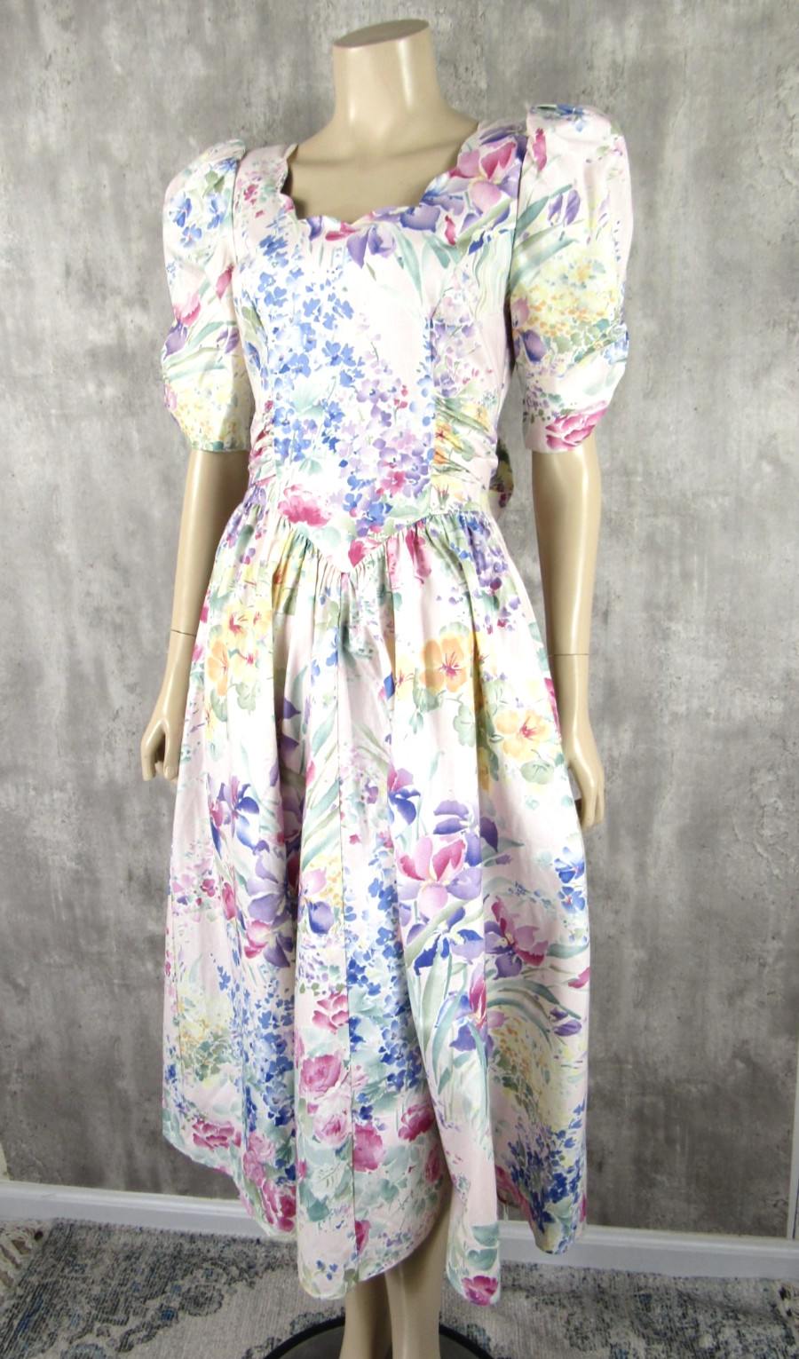 Vintage 80s Expo Floral Puffy Sleeves Big Bow Floral Cotton Midi Tea Dress S/M