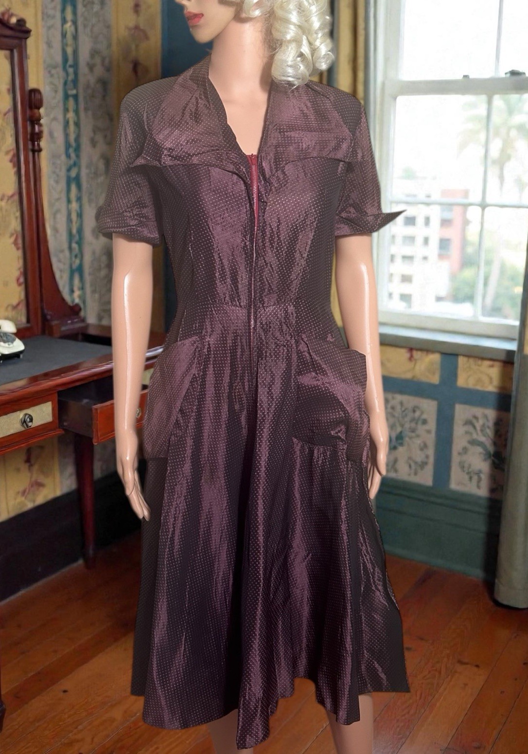 Vtg 50s Dress Set Mommy & Me Matching Plum Taffeta Party Fit Flare 28”W Girls 12