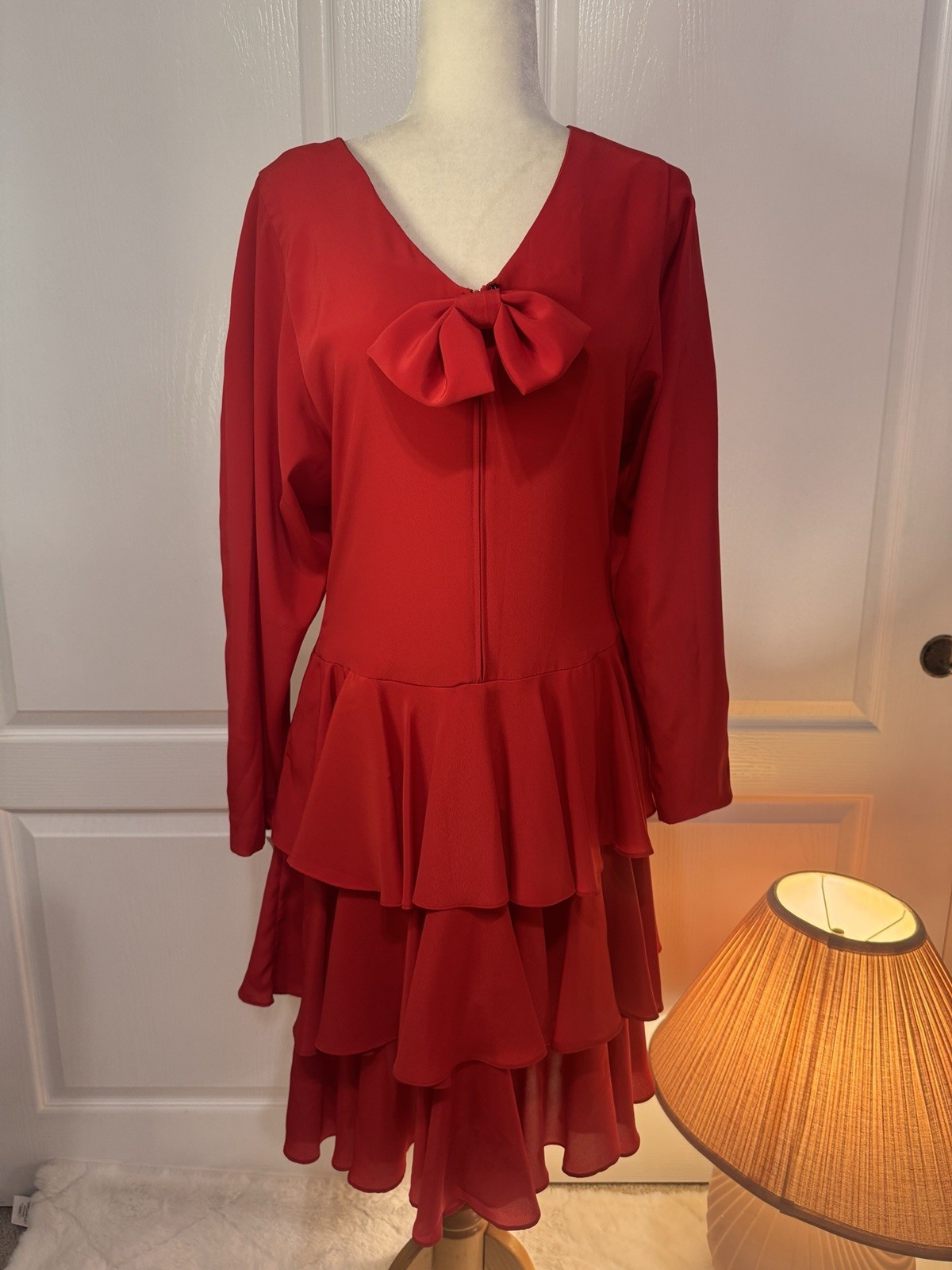 Vintage 80s Jody California Red Tiered Ruffled Dress Bow Accent Size 7/8 Retro