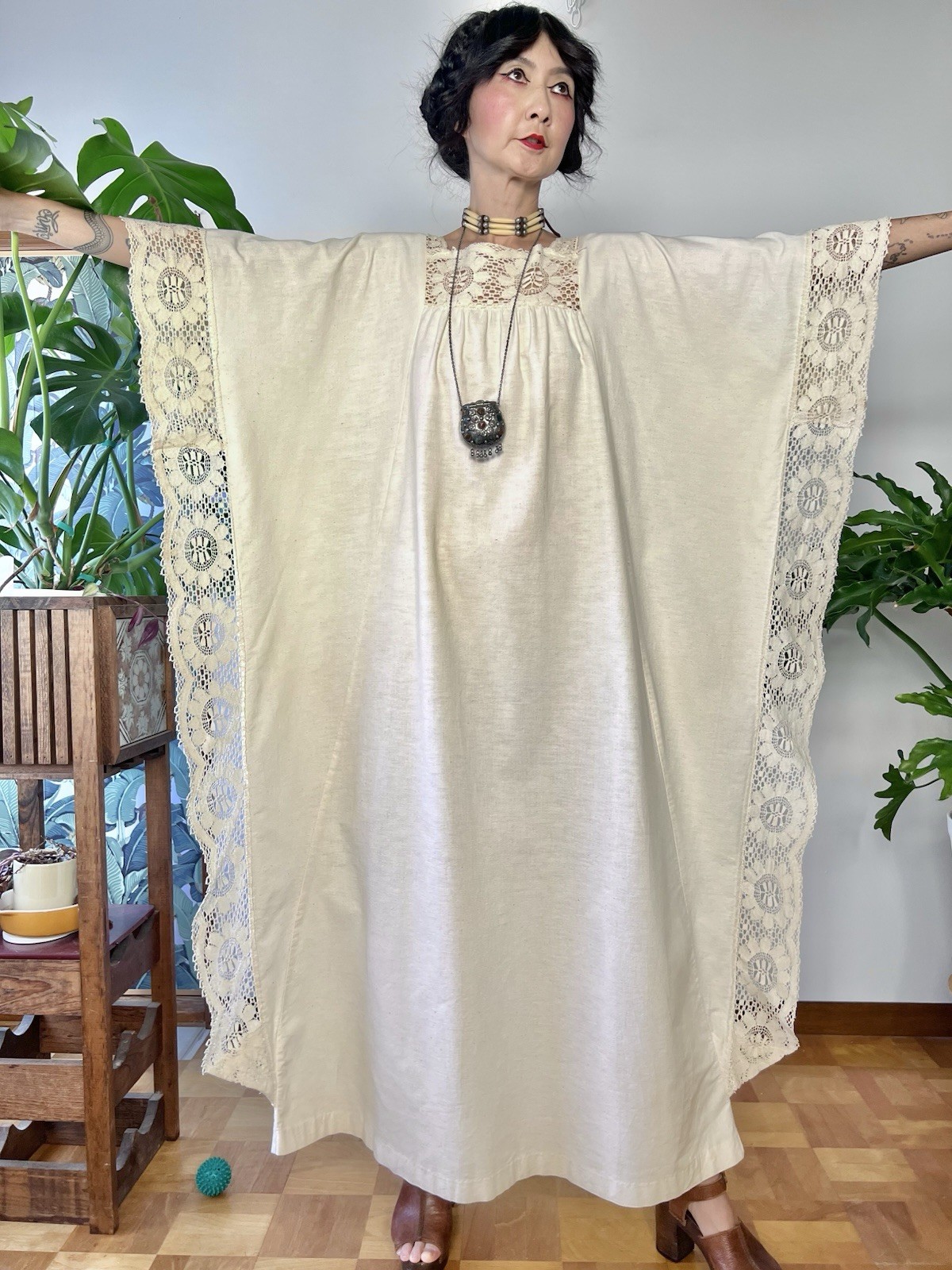 1970s Miss K by Alfred Shaheen Crochet Lace Caftan Dress Boho Cotton Maxi Kaftan
