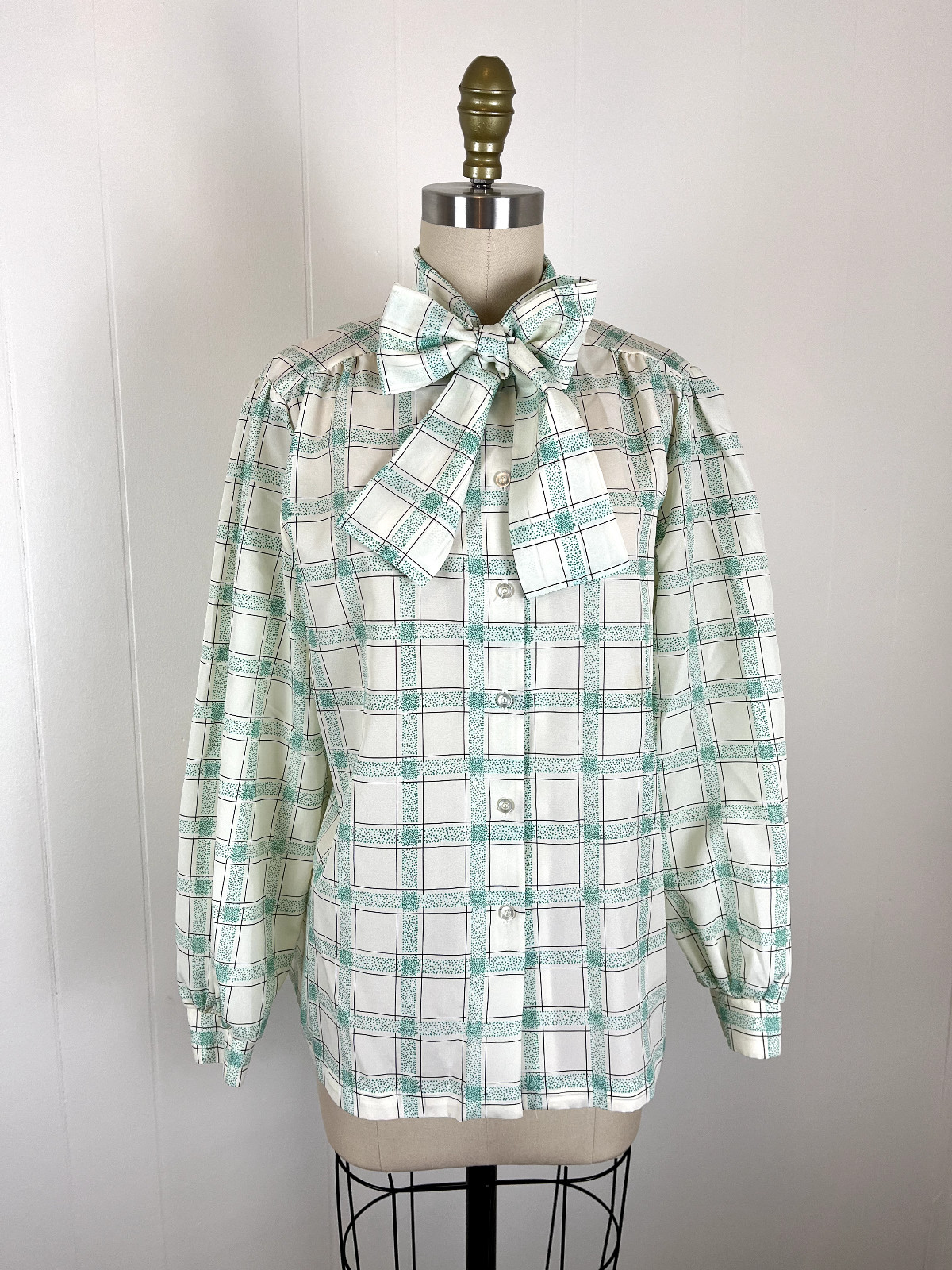 Vintage Pussy Bow Blouse Secretary Geek Medium Made in USA Windowpane Plaid